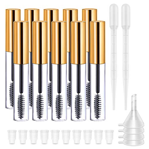 10ml Empty Mascara Tubes (10-Pack) with Eyelash Wands & Accessories - Portable Cream Containers for DIY Cosmetics, Castor Oil, Essential Oils - Includes 2 Tubes, 10 Rubber Inserts & 4 Funnels - Gold | Perfect for Travel, Home Beauty Routine & Makeup Organization