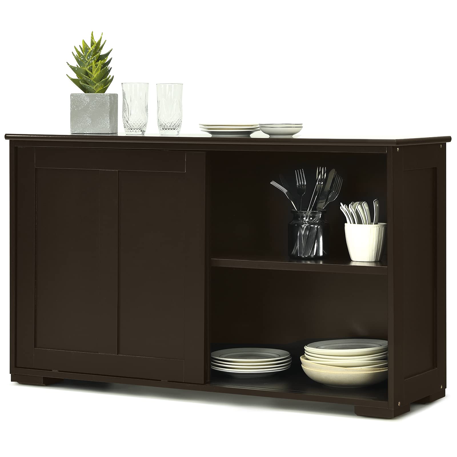Sliding Door Kitchen Storage Sideboard with Adjustable Shelf - Stackable Buffet Cabinet for Entryway, Kitchen & Dining Room - Brown - Perfect for Organizing Dishes, Utensils & Small Appliances