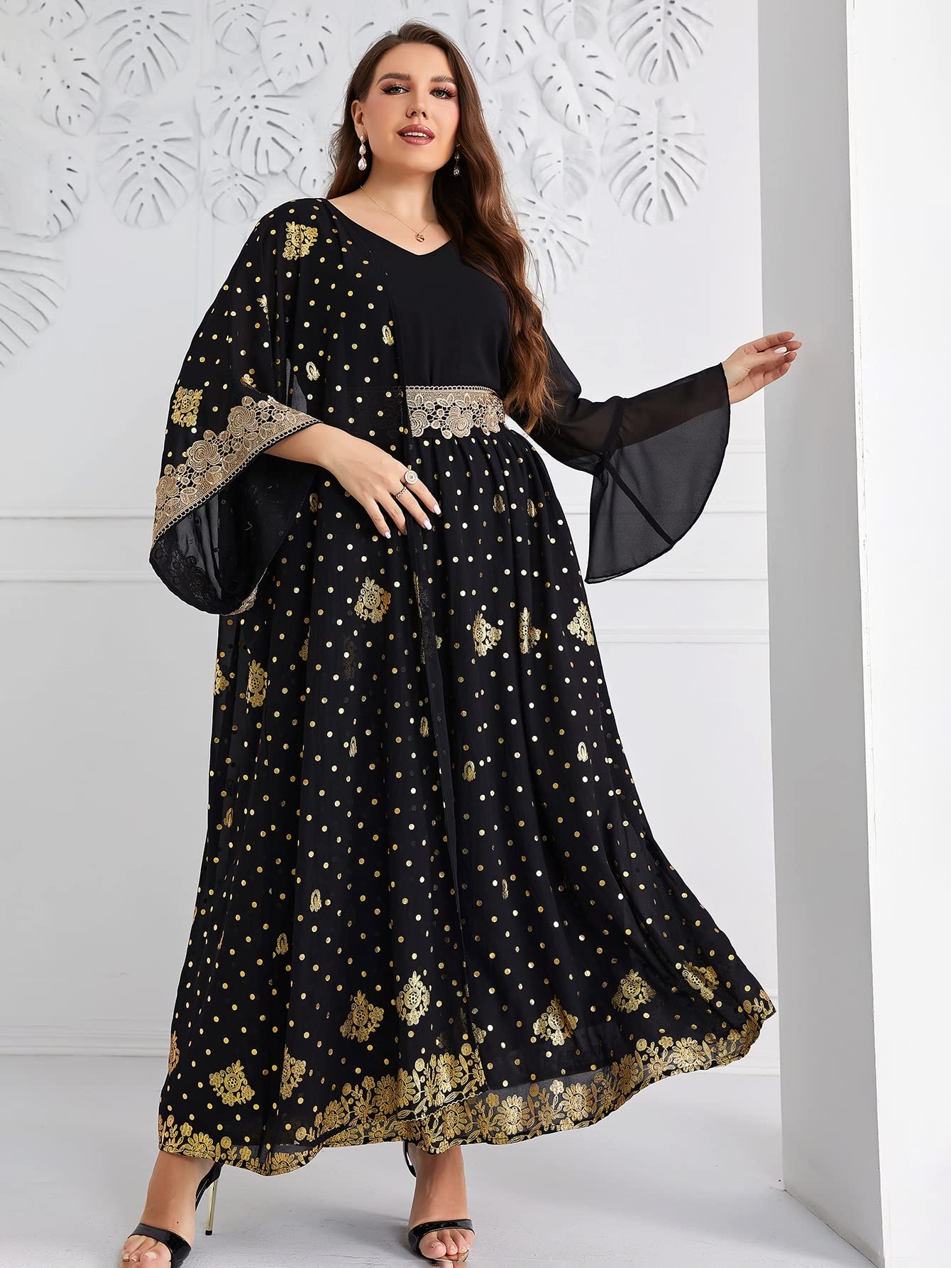 Elegant Plus Size Polka Dot Chiffon Dress for Women with Guipure Lace Flounce Sleeves - Black 3X-Large - Perfect for Weddings, Parties & Special Occasions
