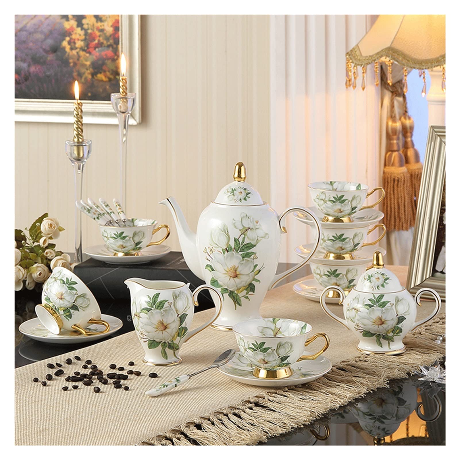 Premium Camellia Bone China Porcelain Tea & Coffee Set with Ceramic Sugar Bowl - Elegant for Afternoon Tea, Coffee Breaks & Home Entertaining