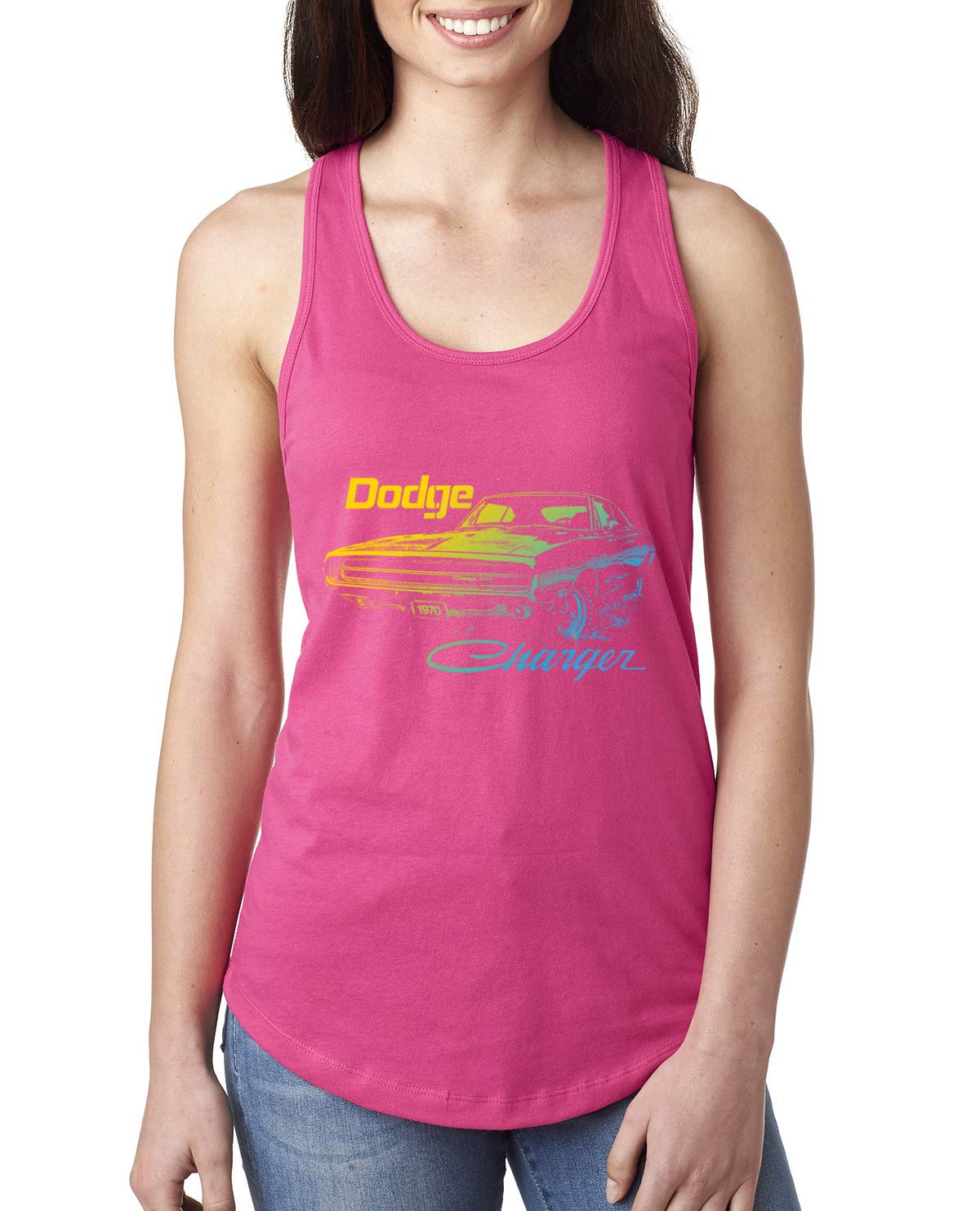 1970 Dodge Charger Classic Car Neon Retro Silhouette Women's Racerback Tank Top - Vintage Muscle Car Lovers Apparel for Casual Wear & Car Shows