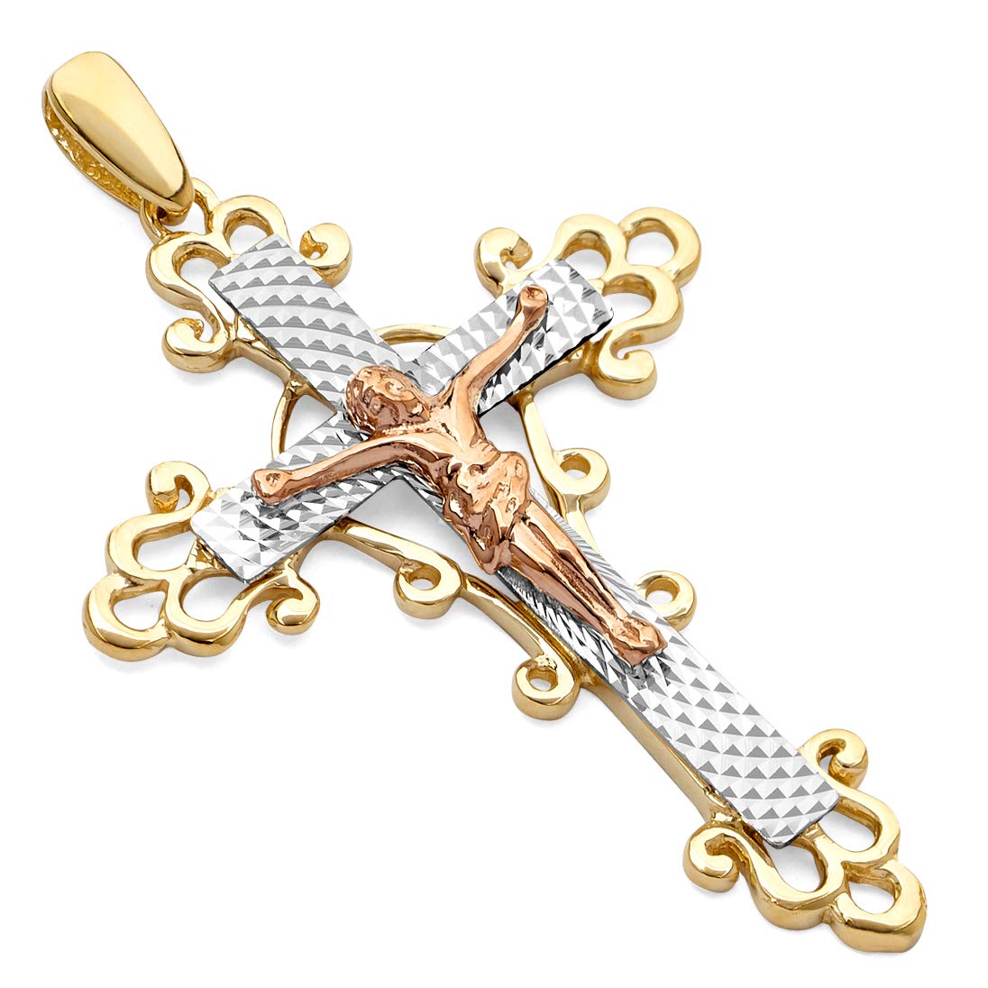 14K Real Tri-Color Gold Religious Crucifix Jesus Cross Charm Pendant for Necklace - Perfect for Baptism, First Communion, Confirmation & Christian Jewelry Gifts