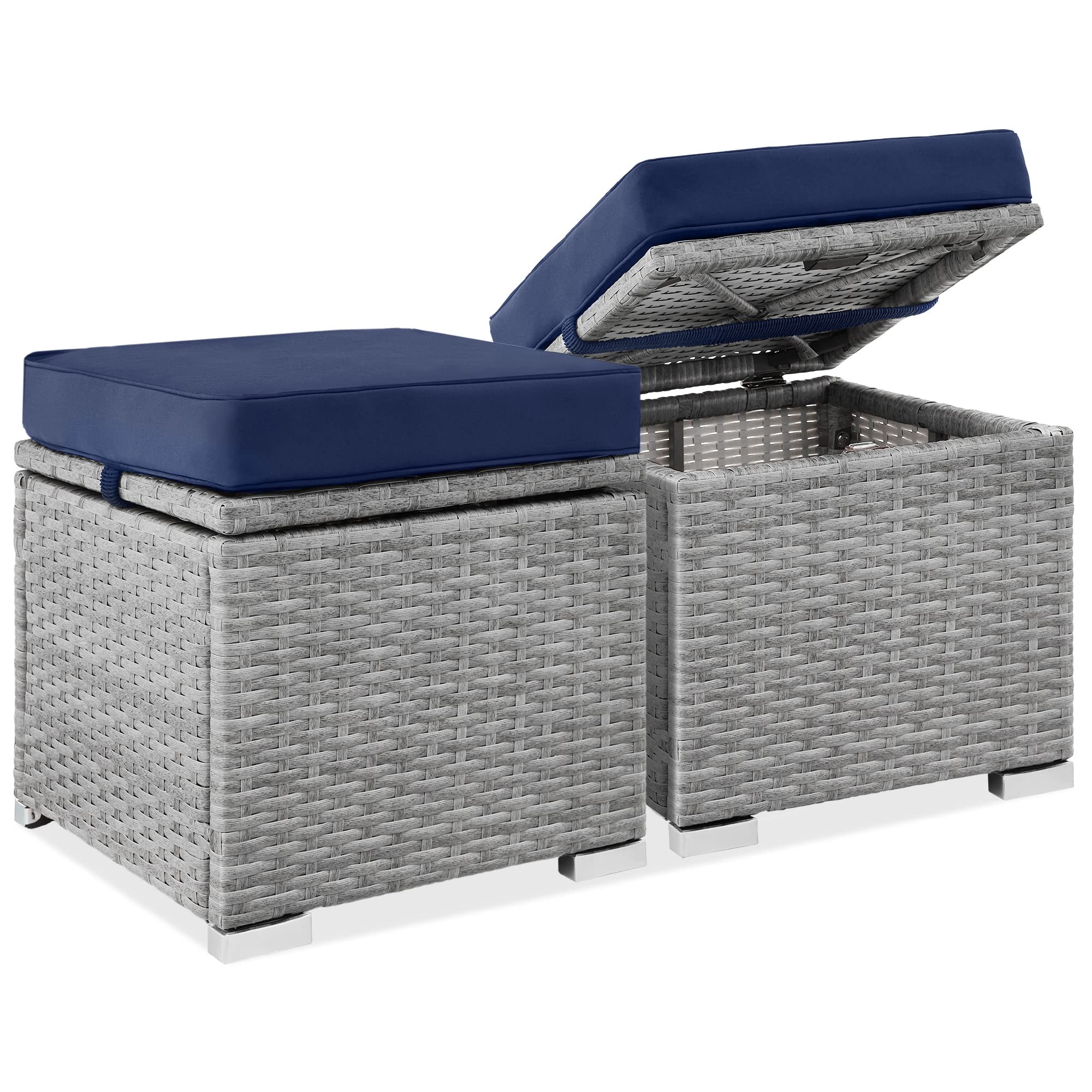 Best Choice Products Set of 2 Wicker Storage Ottomans - Gray/Navy, Multipurpose Outdoor Furniture for Patio, Backyard, Garden | Extra Seating, Footrest, Side Table with Removable Cushions | Perfect for Outdoor Relaxation, Entertaining Guests & Small Space Storage