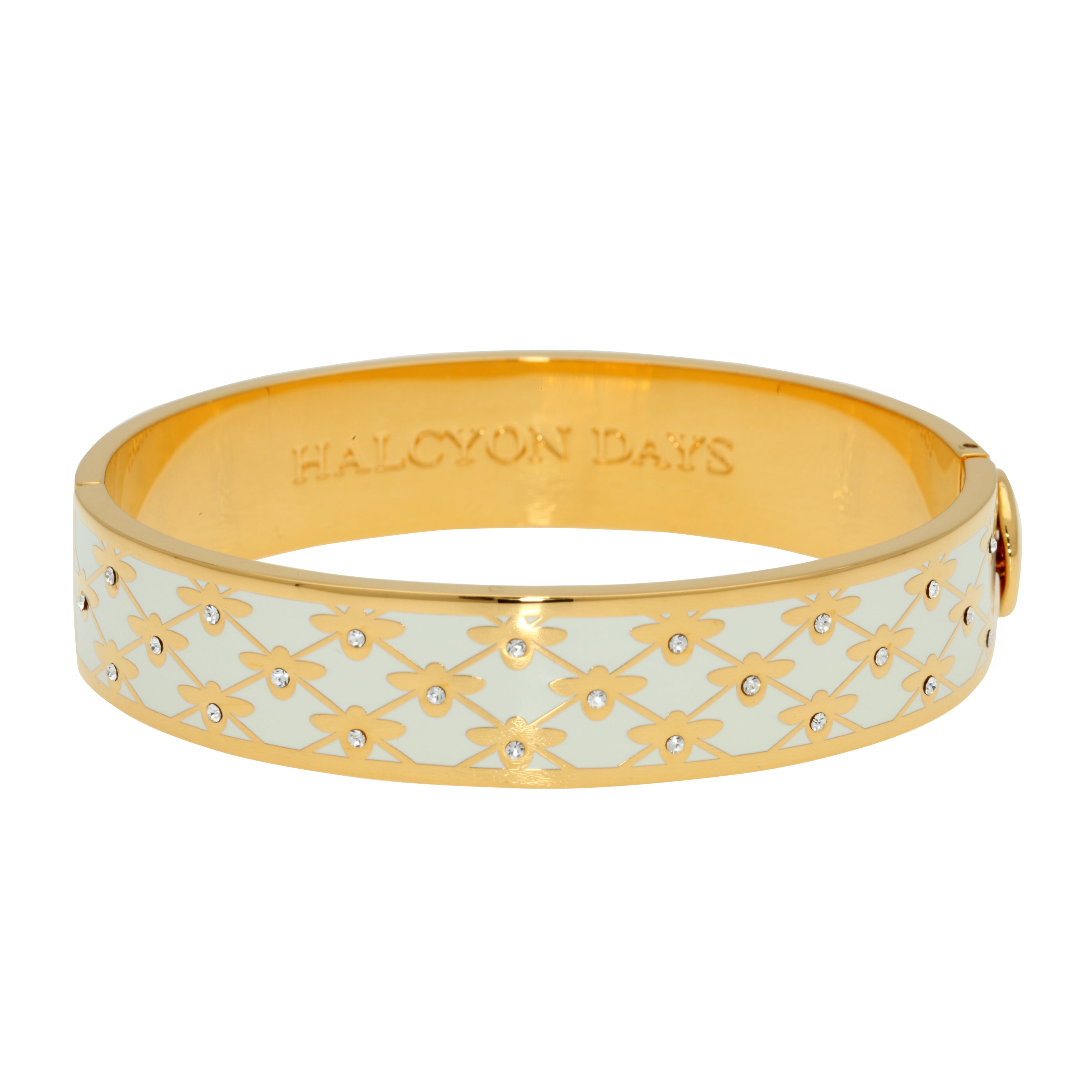 Bee Sparkle Trellis Enamel Bangle Bracelet - Cream Gold Vintage Jewelry for Women - Perfect for Weddings, Parties & Everyday Elegance