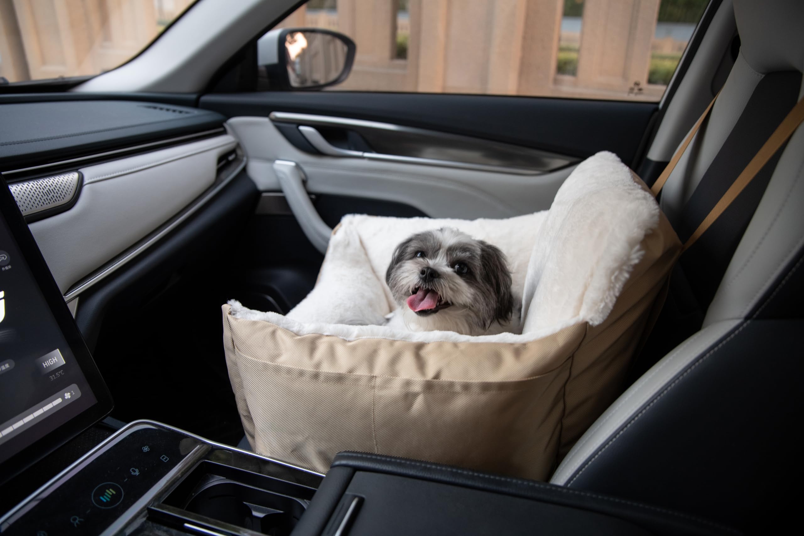 Premium Dog Car Booster Seat for Small & Medium Dogs - Soft Plush Cushion with Comfortable Bedding, Secure Safety Straps & Supportive Pillow (Brown) - Perfect for Road Trips & Travel Accessories