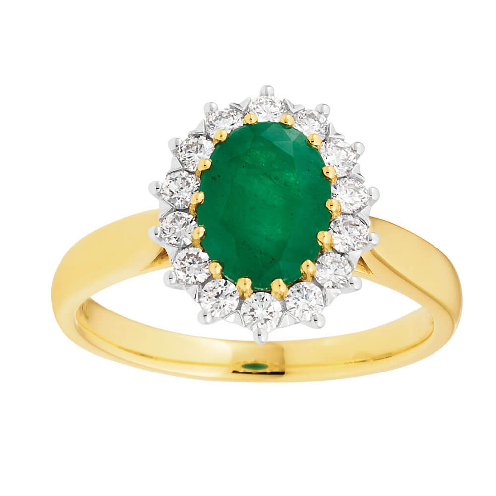 18ct Yellow Gold Natural Emerald and Diamond Ring - 8x6mm Oval Cut Emerald with Sparkling Diamonds for Engagement, Wedding & Anniversary Gifts