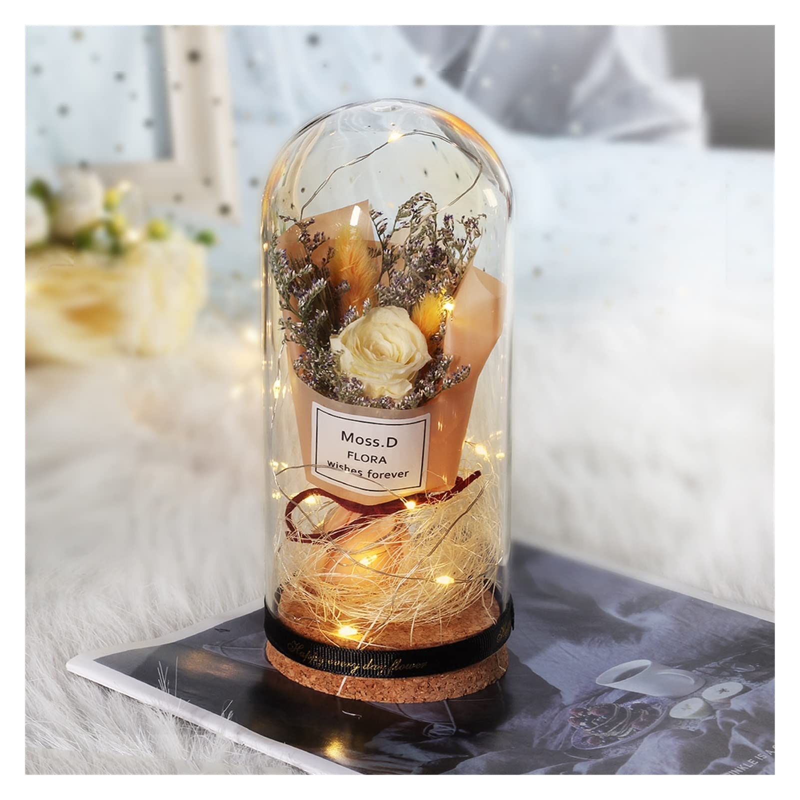 TIANBEIL Eternal Real Rose in Glass Dome with LED Lights - Romantic Valentine's Day Gift, Wedding Decor, Anniversary Present, Home Decoration (White) - Perfect for Proposals, Bridal Showers & Romantic Surprises