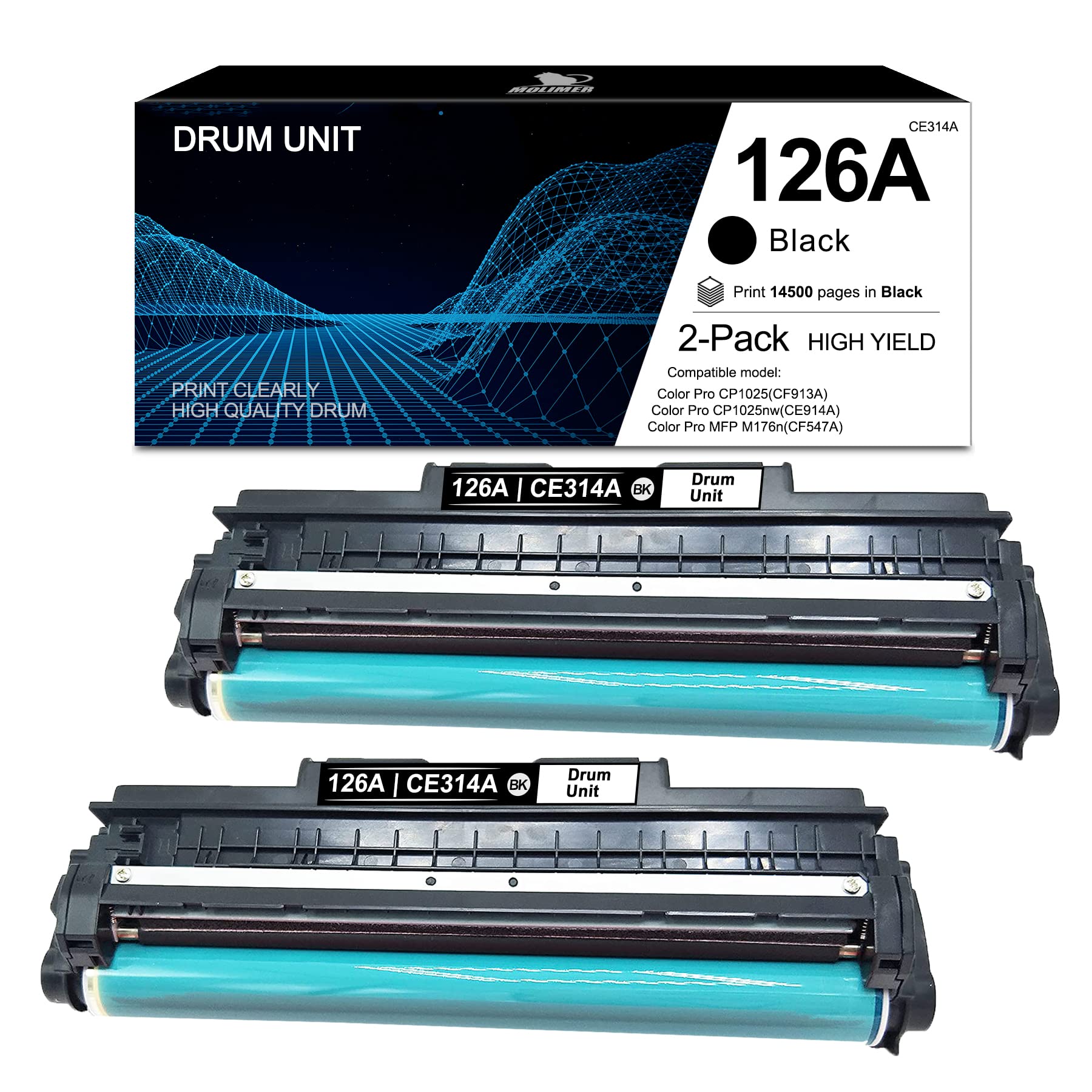 Compatible Remanufactured 126A/CE314A Drum Unit (2-Pack) for HP Color Pro CP1025, Pro 100, MFP M175a Printers - High-Quality Replacement Toner Cartridge for Home & Office Printing Needs