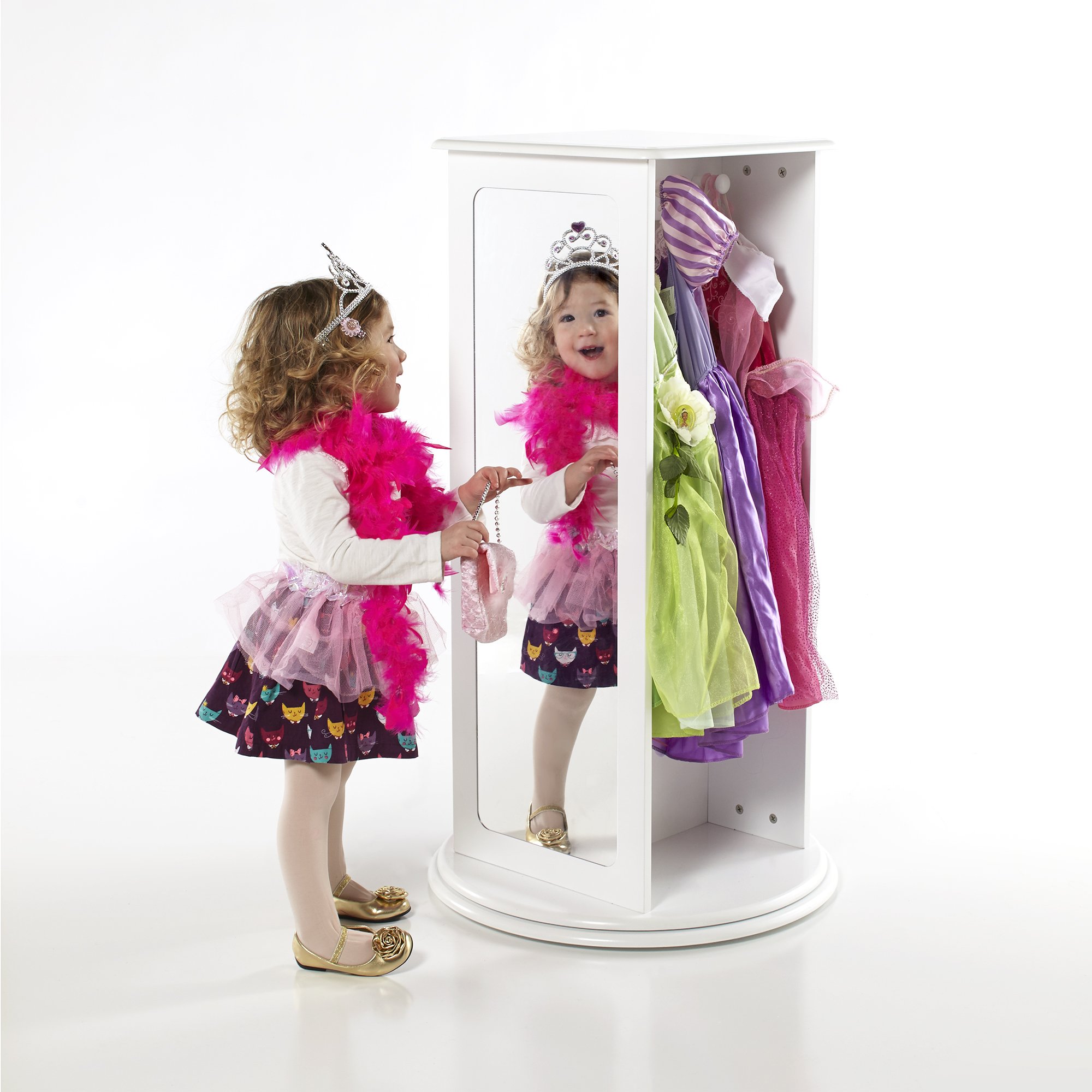 Guidecraft White Rotating Dress-Up Storage Armoire for Kids - 2 Mirrors, Cubbies & Hooks for Costumes, Clothes, Shoes & Accessories - Toddler Pretend Play Station - Perfect for Bedroom, Playroom & Daycare Organization