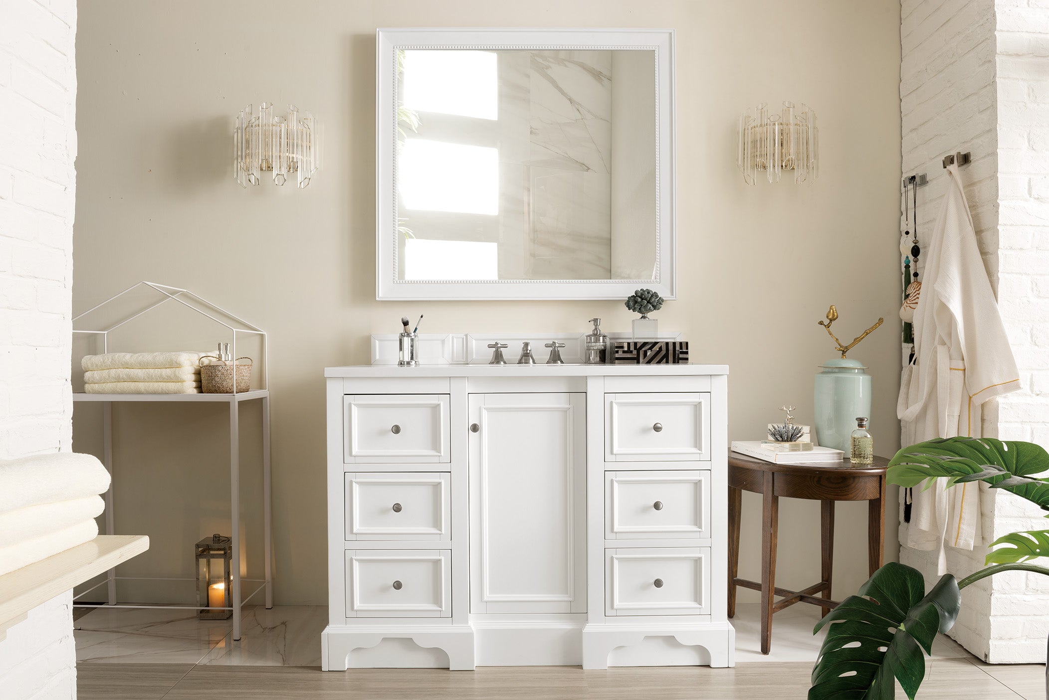De Soto 48 Inch Single Bathroom Vanity with White Zeus Quartz Top - Bright White Finish for Modern Bathrooms | Perfect for Small Spaces & Guest Bathroom Remodels