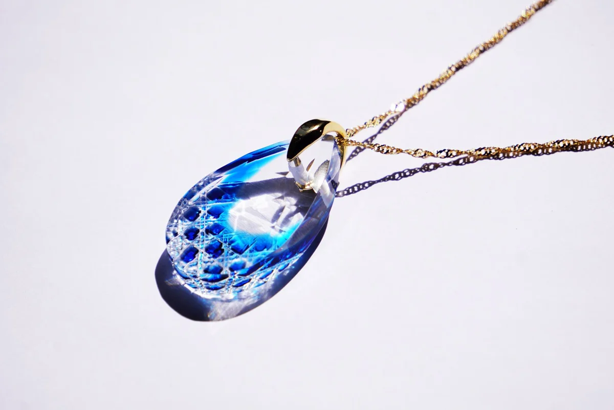 Handmade Kiriko Glass Pendant Necklace - Blue Japanese Artisan Jewelry for Women, Gift for Her, Perfect for Weddings & Special Occasions