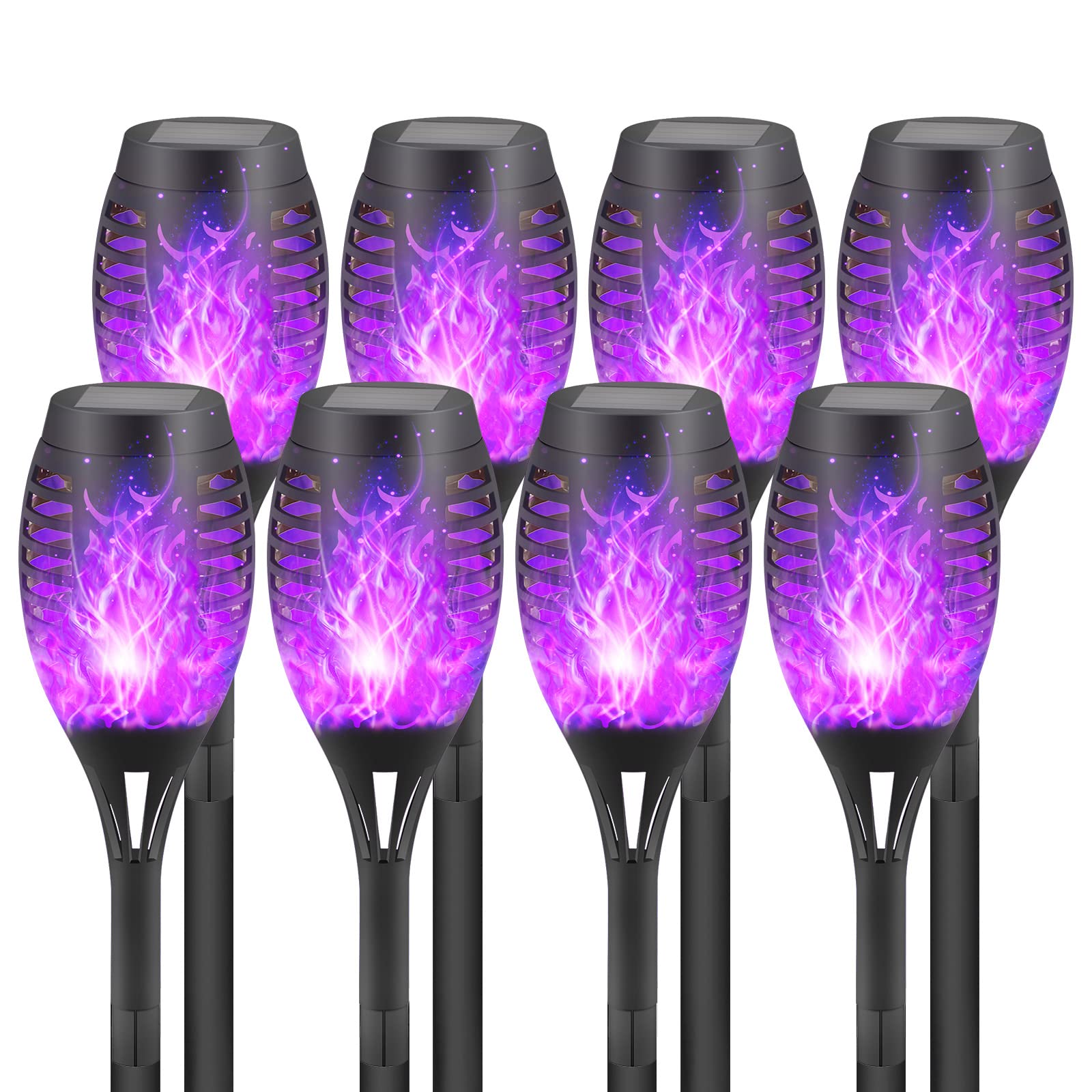 Purple Solar Torch Lights 8 Pack - Waterproof for Garden, Pathway, Porch - Halloween Decor