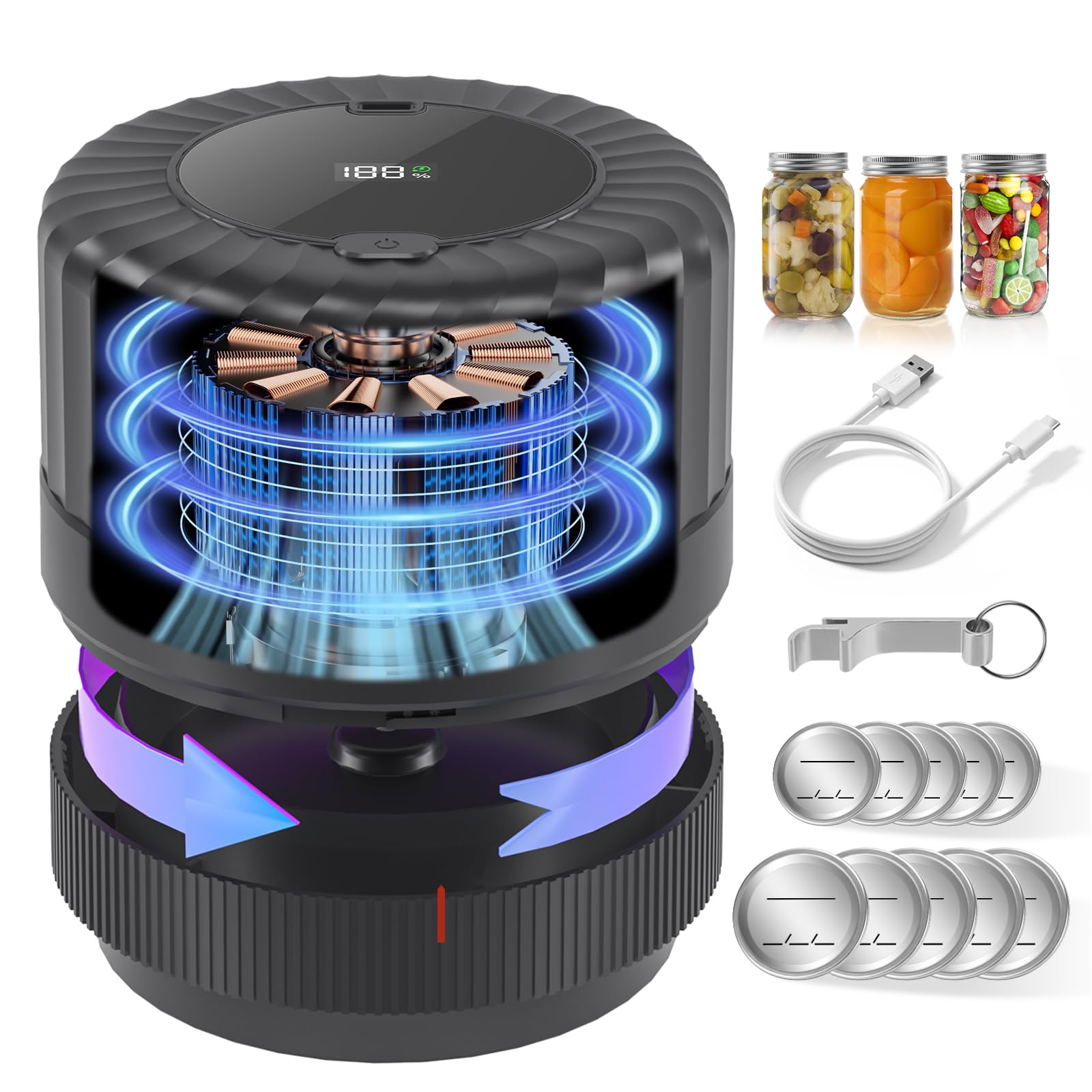 VP06+ Electric Mason Jar Vacuum Sealer - Cordless Handheld Food Saver for Wide & Regular Mouth Jars | Perfect for Meal Prep, Canning, Dry Food Storage & Preserving Freshness | Great Gift for Mom, Wife (Black)
