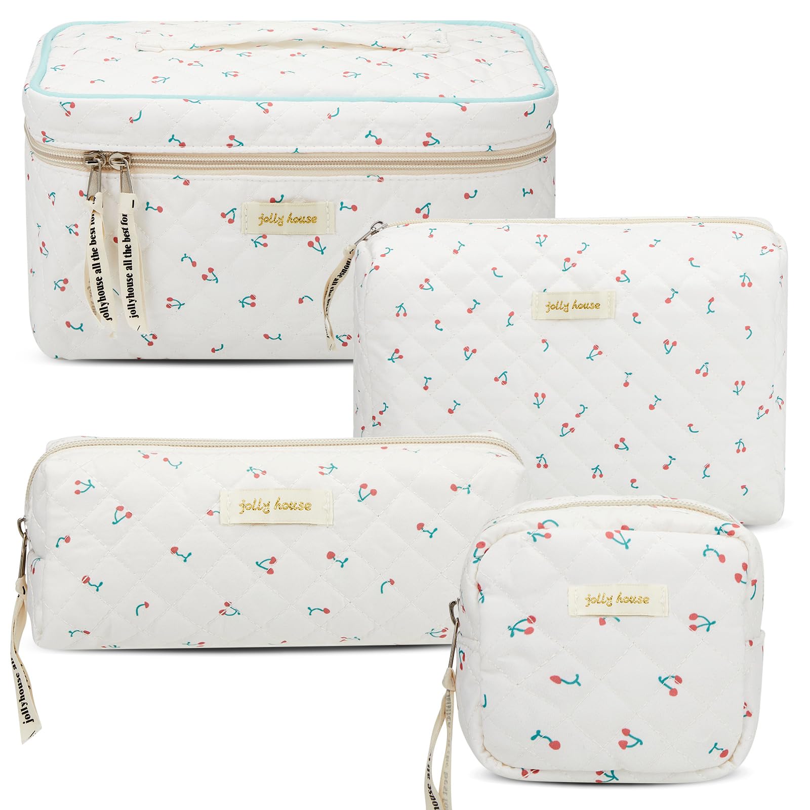 4-Piece Quilted Cotton Makeup Bag Set with Zipper - Large Travel Cosmetic Organizer, Aesthetic Toiletry Pouch & Cute Coin Purse for Women | Perfect Gift for Home, Bathroom & Travel Decor (Cherry Red) | Ideal for Daily Makeup Storage, Weekend Getaways & Gym Essentials