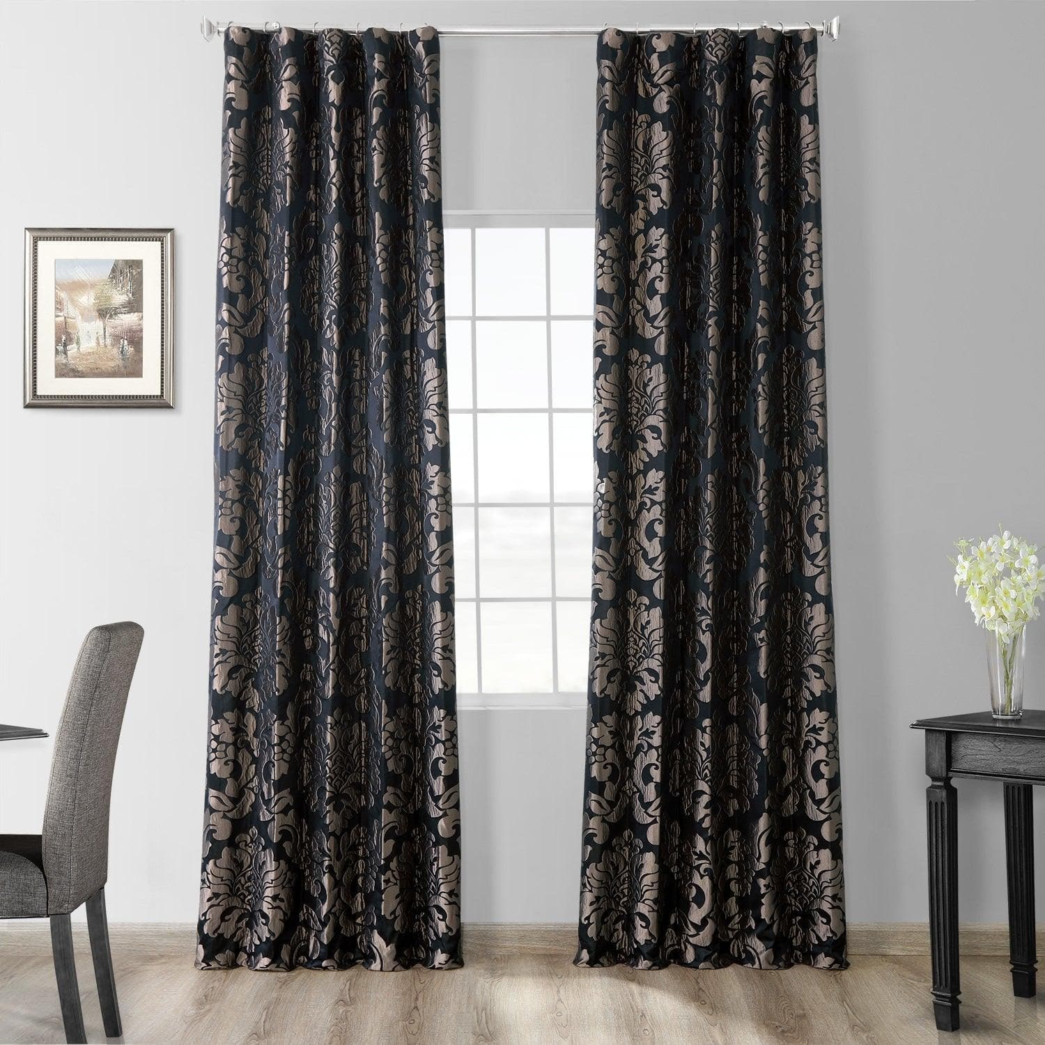 Astoria Black & Pewter Damask Faux Silk Jacquard Blackout Curtains - Elegant Window Treatment for Bedroom & Living Room