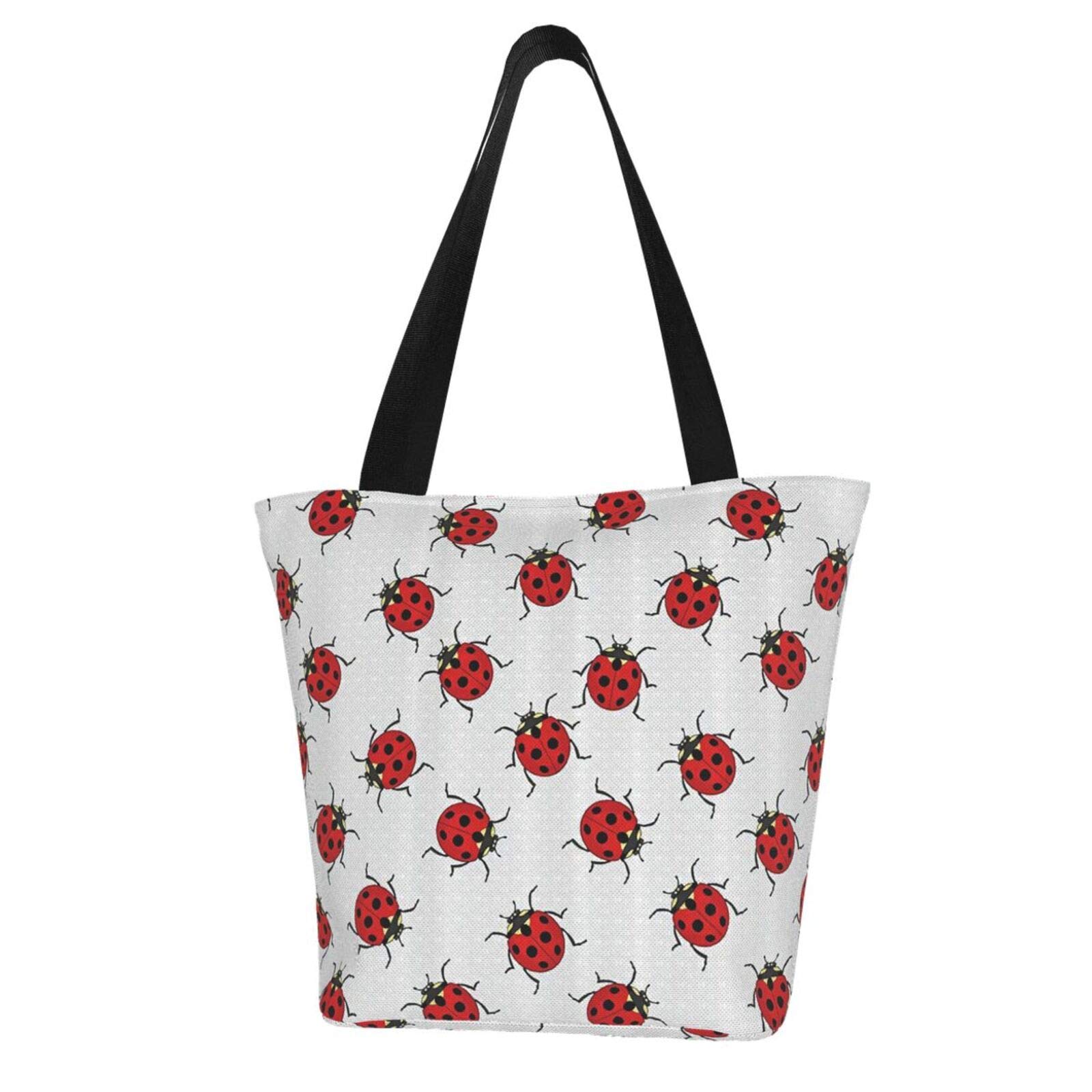 Ladybugs Printed Cotton Canvas Tote Bag for Women - Reusable Grocery Shopping Bag, Cute Beach Bag, Book Bag & Bridesmaid Gift - Perfect for Groceries, Beach Trips, School & Wedding Parties