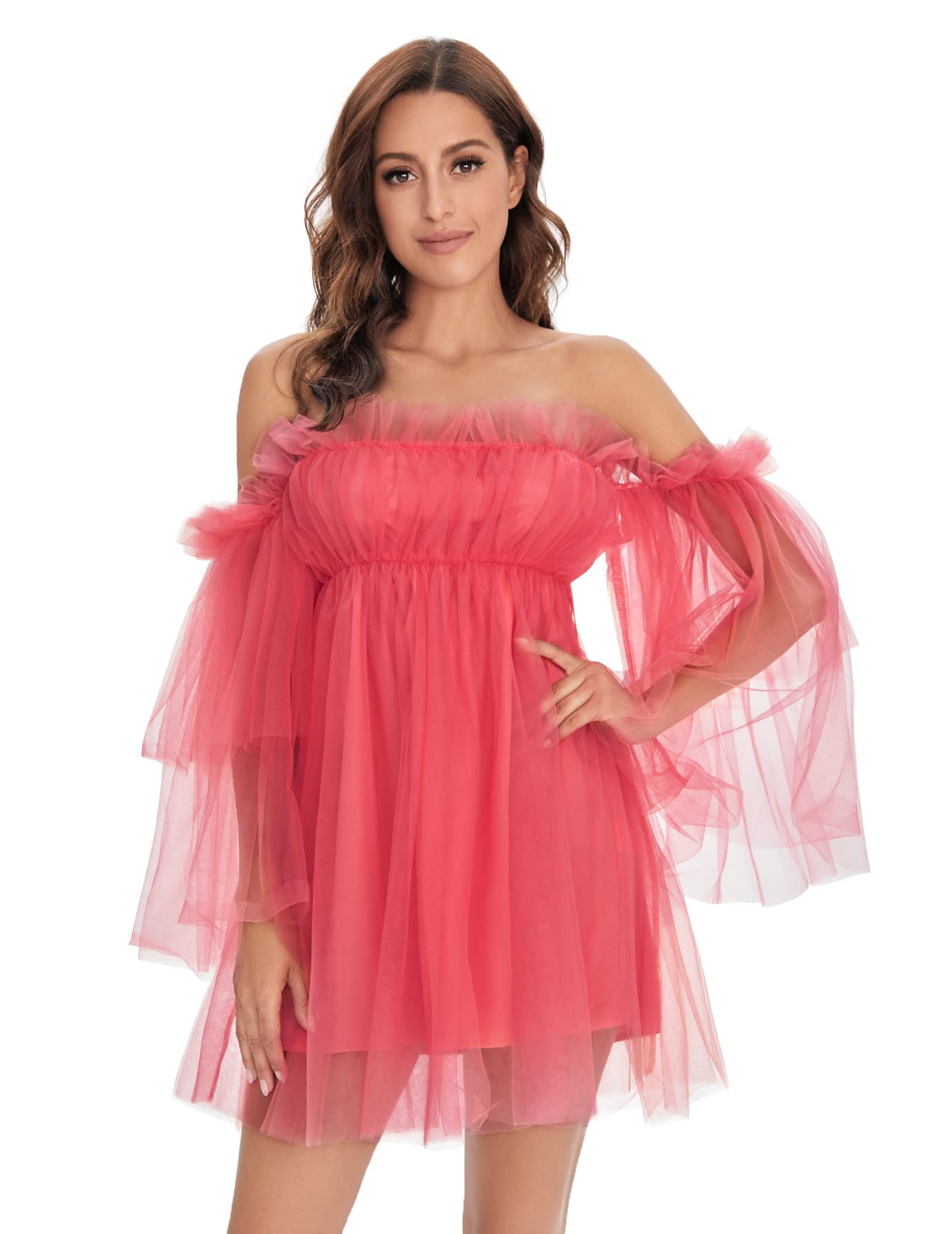 Romantic Off Shoulder Flounce Long Sleeve Wedding Dress for Women - Elegant Ruffle Mesh Mini Party Gown for Bridal Shower, Engagement Party & Special Occasions