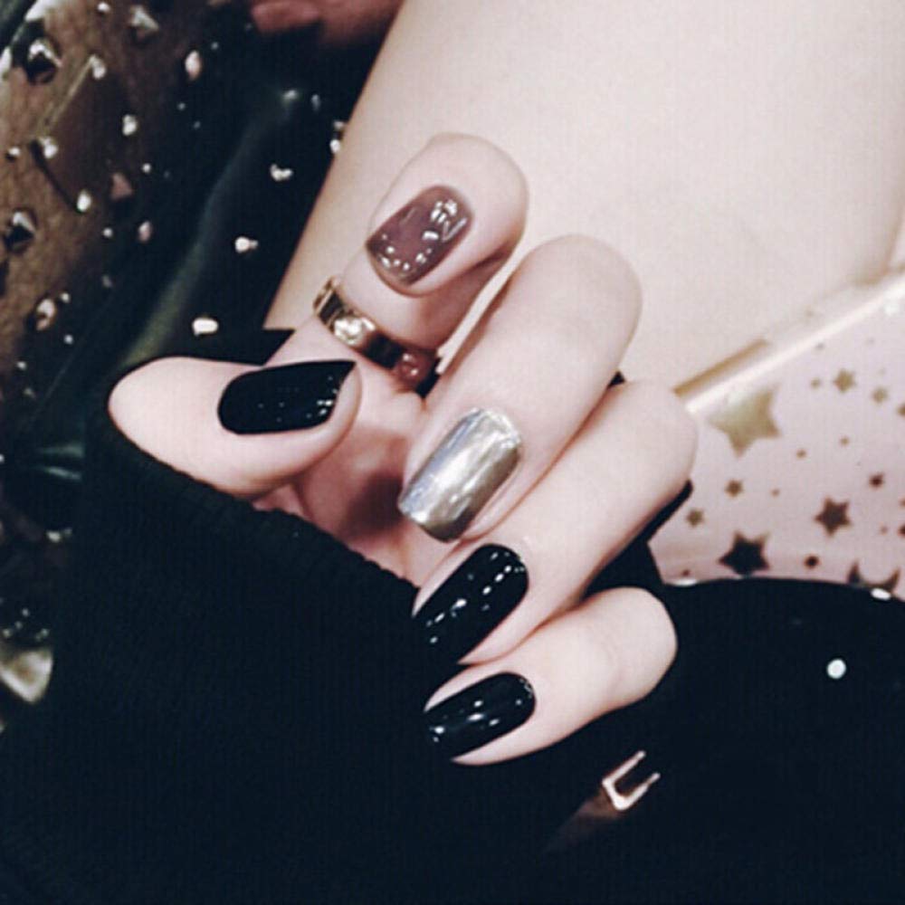 24PCS Black Silver Grey Ombre False Nails - Square Medium Length Press On Nails for Women - Full Cover Artificial Nails with Glue - Perfect for Parties, Weddings & Special Occasions