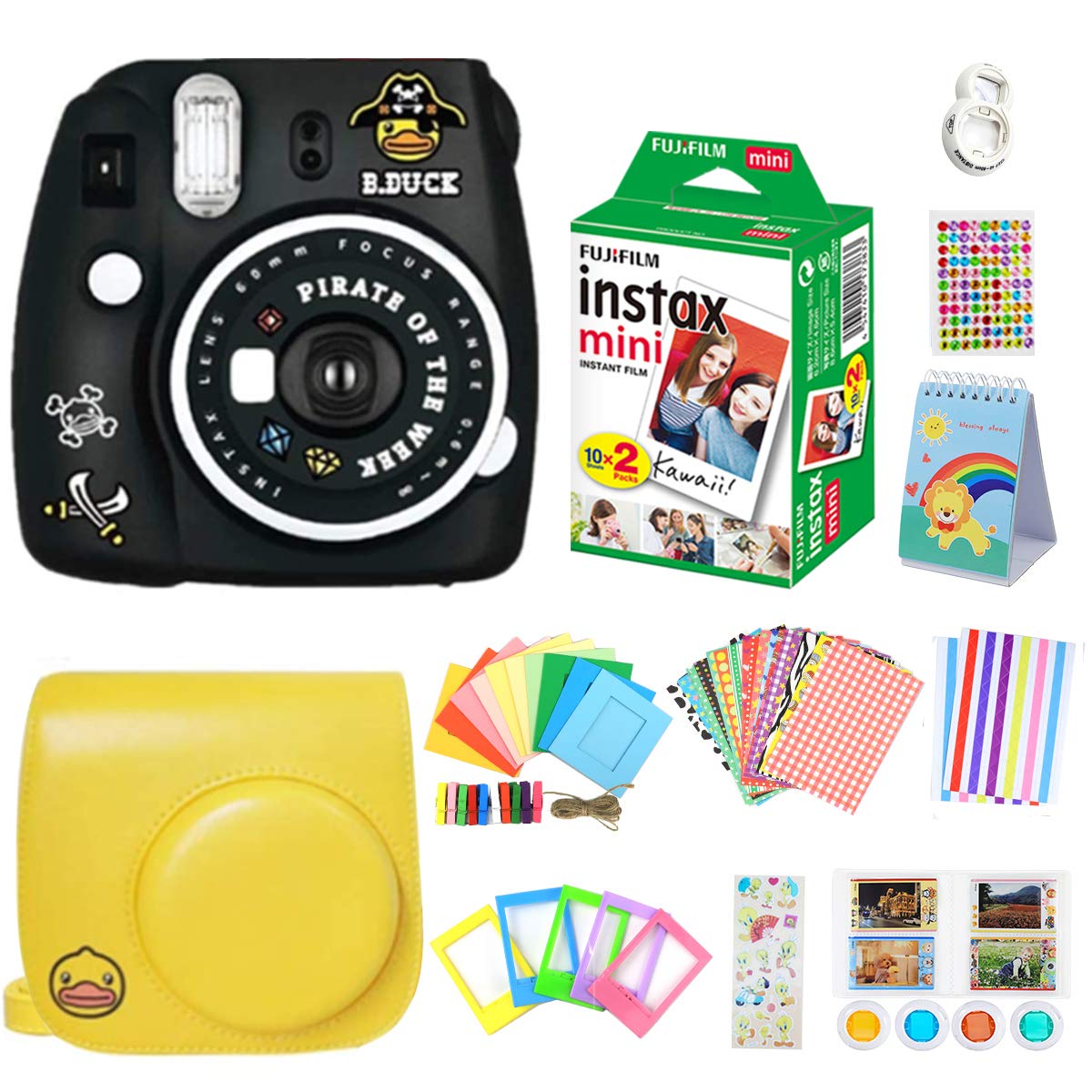 Fujifilm Instax Mini 9 Instant Camera Bundle with Film, Case & Accessories Kit - Black | Perfect for Kids, Teens & Party Photography | Includes Fun Pirate Rubber Ducks Gift Set