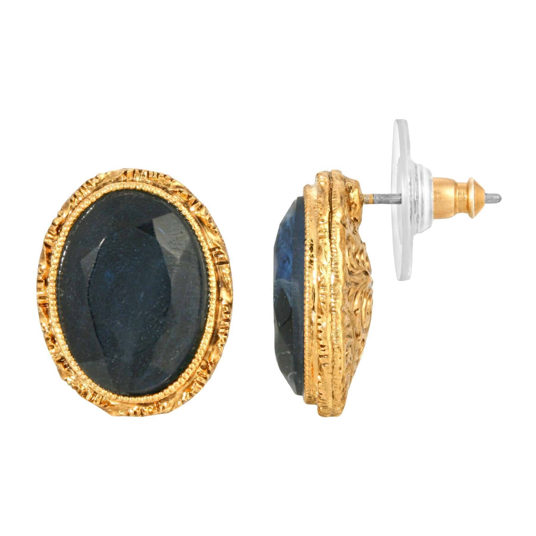 1928 Jewelry Montana Blue German Glass Crystal Oval Stud Earrings for Women - Vintage Style Handmade Earrings for Wedding, Party & Everyday Wear