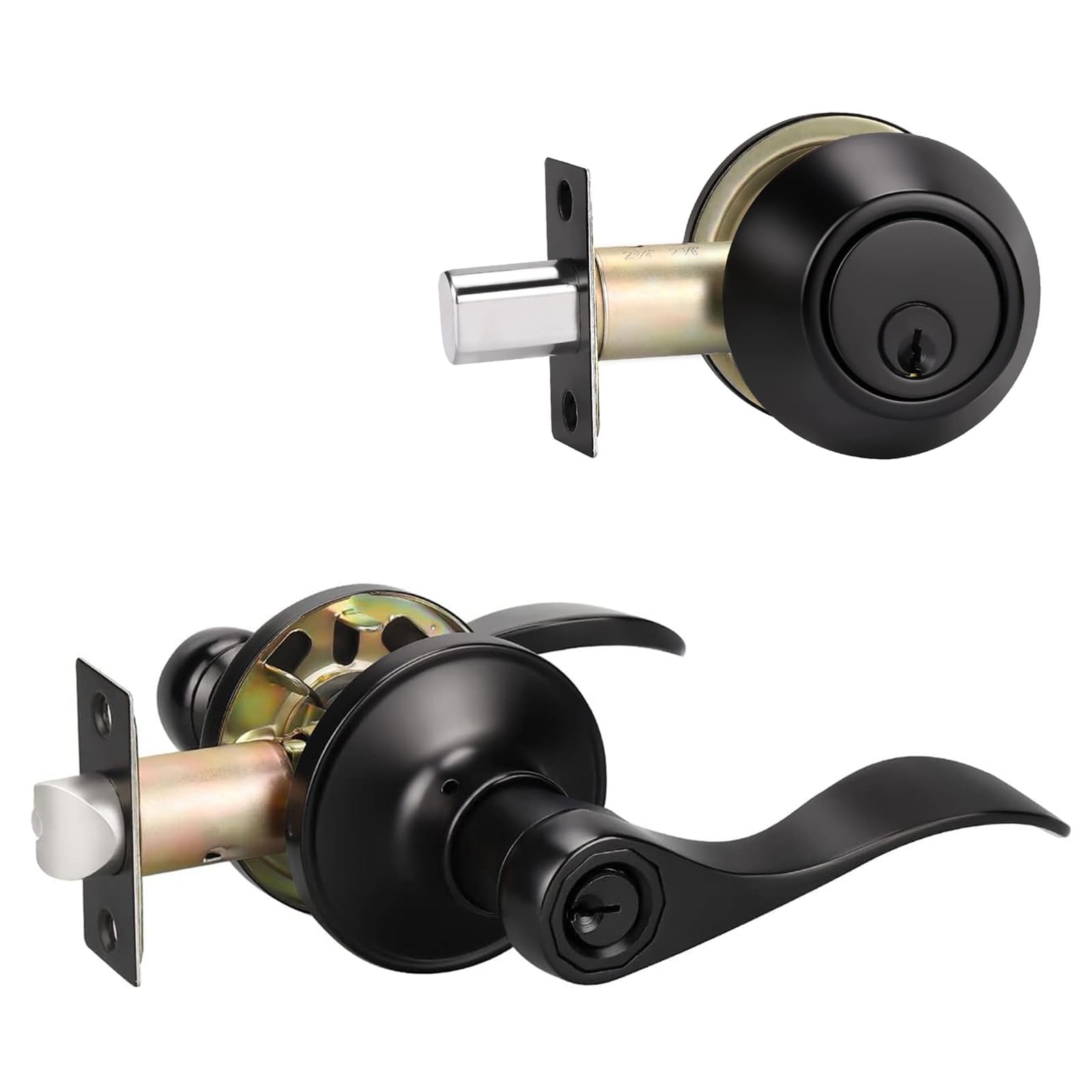 KNOBWELL 5-Pack Matte Black Entry Door Handle & Deadbolt Combo Set - Keyed Alike Lever Handle with Single Cylinder Lock for Home & Office Security - Perfect for Front Doors, Back Doors, and Business Entrances