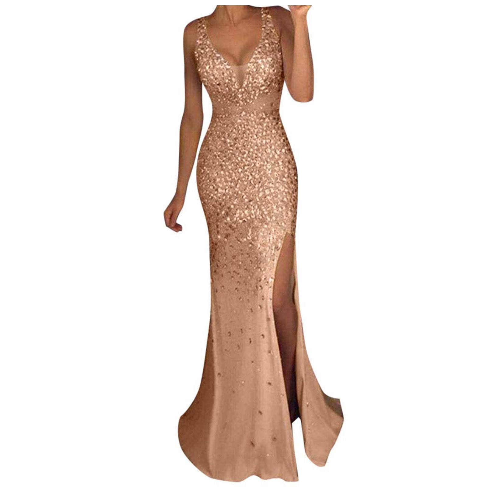 Elegant Long Gold Sequin Prom Dress for Women - V-Neck Evening Gown for Party, Ball, Bridesmaid & Winter Formal Events | Perfect for Holiday Parties, New Year's Eve & Special Occasions