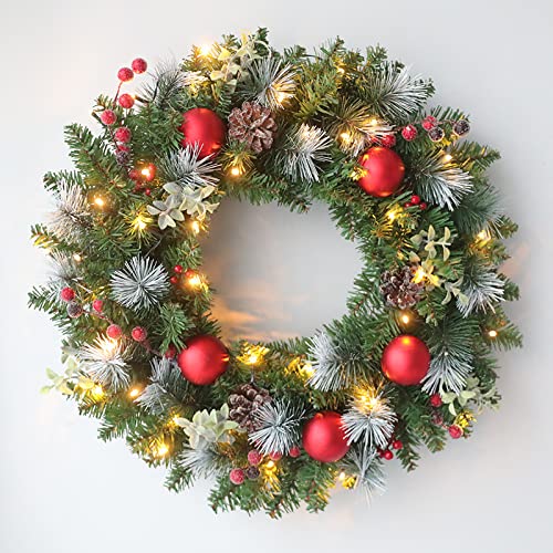 20 Inch Pre-Lit Artificial Christmas Wreath with LED Lights, Pine Cones, Berries & Frosted Branches - Indoor/Outdoor Holiday Decor for Windows, Doors & Fireplace
