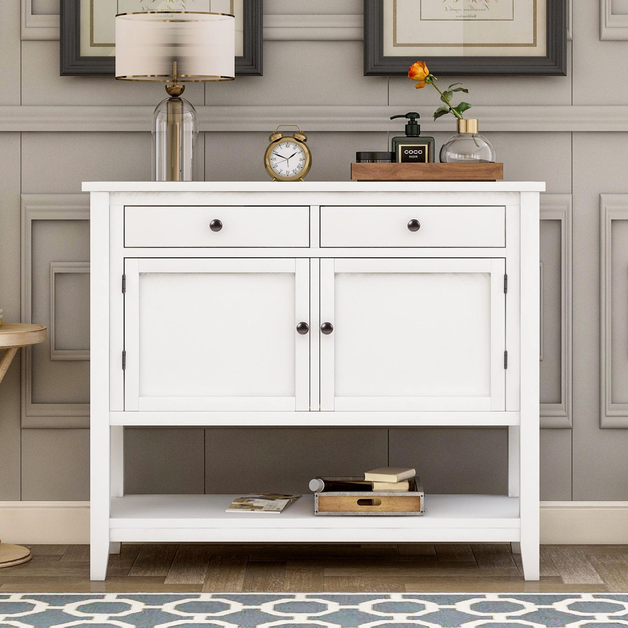 Modern White Wood Console Table with 2 Drawers, 2 Cabinets & 1 Shelf - Entryway Side Table, Storage Buffet Cabinet for Kitchen, Living Room & Hallway - Easy to Assemble, 39