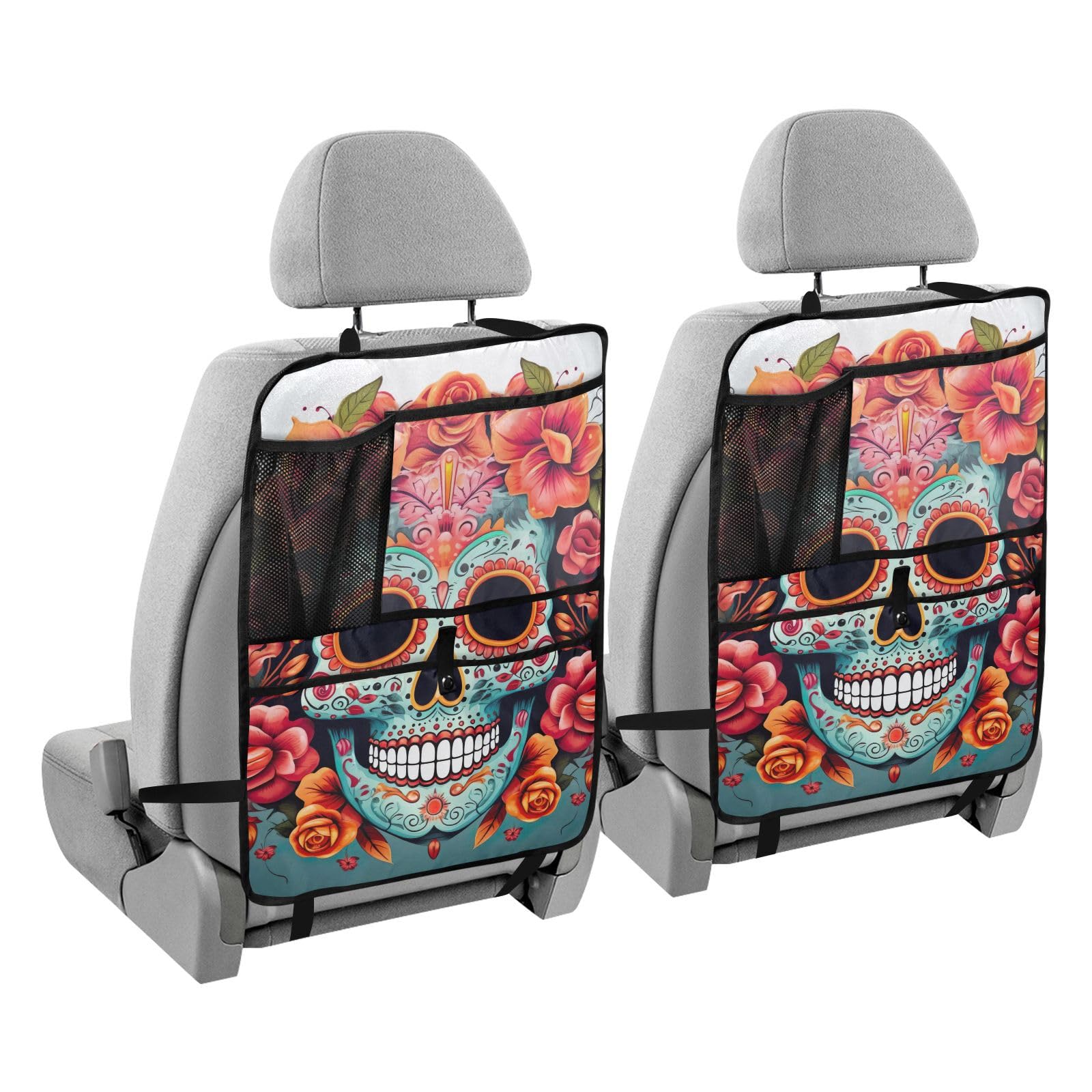 Premium 2-Pack Sugar Skull Floral Car Kick Mats - Durable Back Seat Protector for Kids with 3 Storage Pockets | Universal Fit for Trucks, SUVs & Sedans | Perfect for Road Trips, School Runs & Family Travel