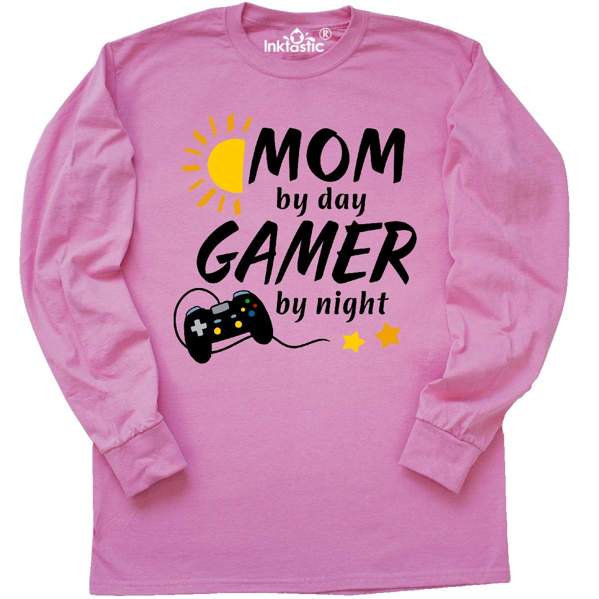 Inktastic Mom by Day Gamer by Night Graphic Long Sleeve T-Shirt with Controller & Sun Design - Perfect for Casual Wear & Gaming Enthusiasts