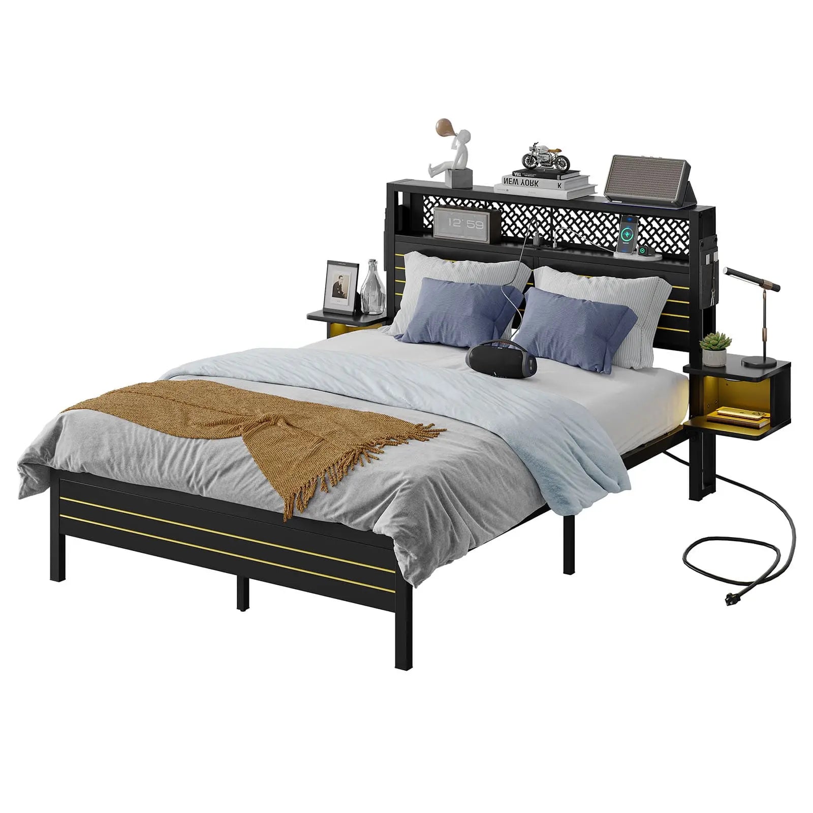 Bestier Full Bed Frame with Horizontal Golden Stripe Storage Headboard - Sturdy Metal Platform Bed with Underbed Storage Space - Perfect for Small Bedrooms, Guest Rooms & Dormitories