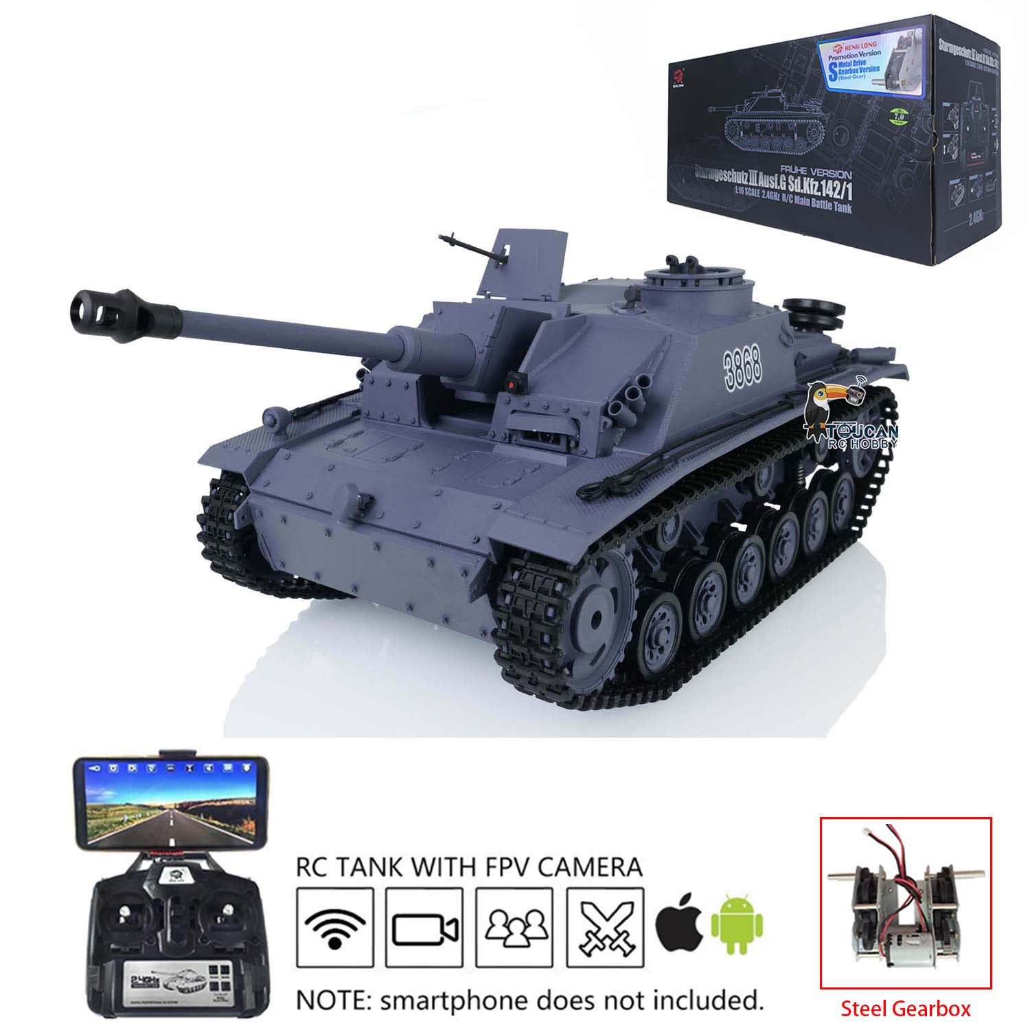 1/16 Henglong German Stug III RTR RC Tank with Steel Gearbox, FPV Camera, BB Shooting & Road Wheels - Outdoor Battle, Military Collection, War Game Simulation