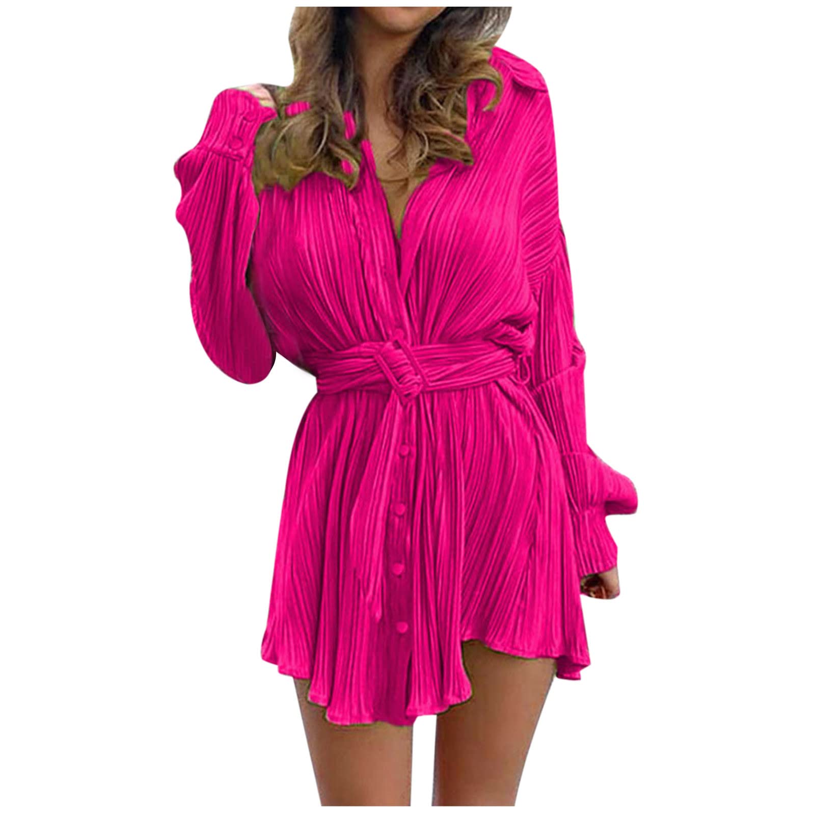 Women's Sexy V-Neck Lapel Mini Dress - Solid Color Pleated Button Shirt Dress with Belt for Spring & Autumn | Casual Office Wear & Date Night Outfits