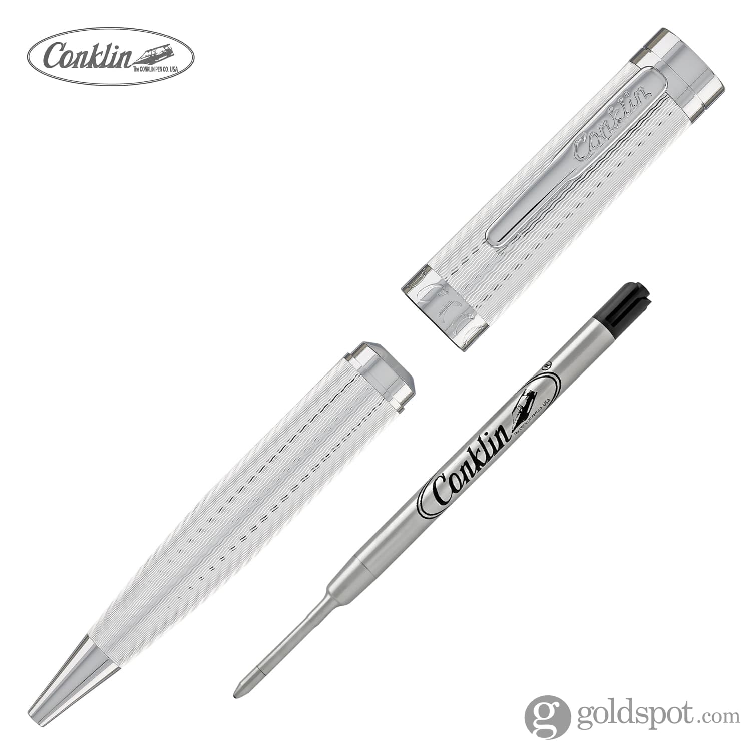 Conklin Herringbone Signature Ballpoint Pen - Premium Silver Refillable Pen for Office, Business & Gift Giving - Elegant Writing Instrument for Professionals & Collectors