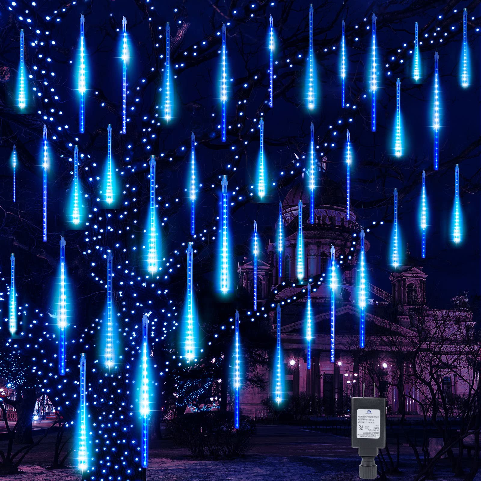 Blue Meteor Shower Christmas Lights - 360 LED Dropping Lights for Outdoor Trees & Bushes