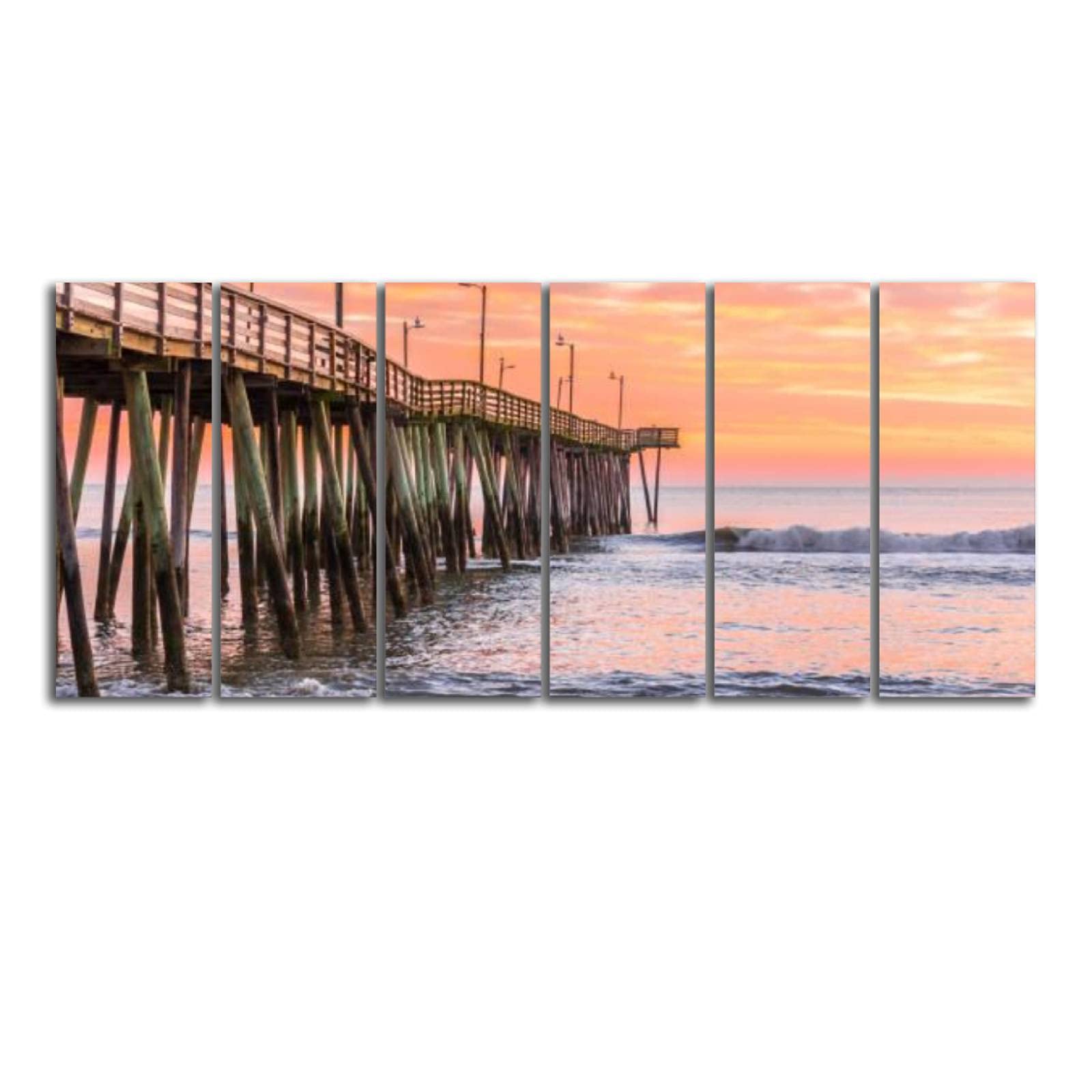 6 Panel Canvas Wall Art - Virginia Beach Fishing Pier Prints, Framed Ready to Hang Coastal Decor for Living Room, Bedroom & Office | Beach House Wall Decor, Nautical Theme Home Decoration