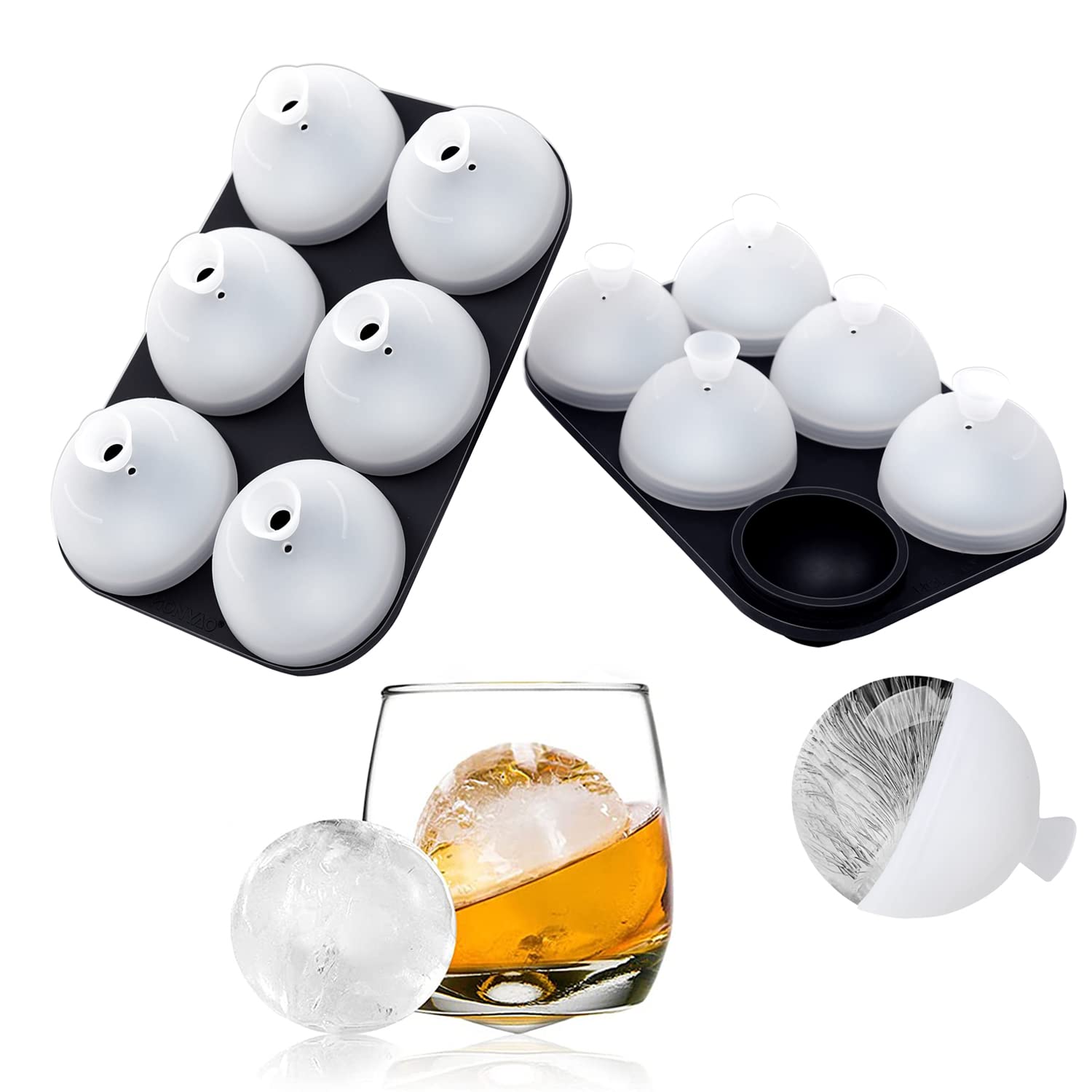 HONYAO 2-Pack Silicone Whiskey Ice Ball Mold with Lids - 2 Inch Round Sphere Ice Maker for Bourbon, Scotch & Cocktails - Easy Fill & Release - Perfect for Home Bars, Parties & Gifts