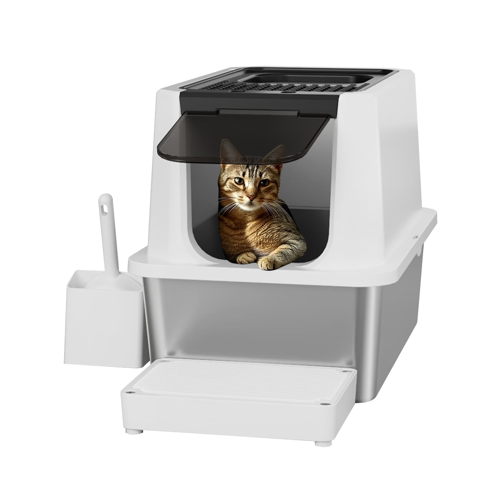 RIZZARI Stainless Steel Enclosed Cat Litter Box - Odorless Large Litter Pan with Top Ventilation Holes for Small to Large Cats (24