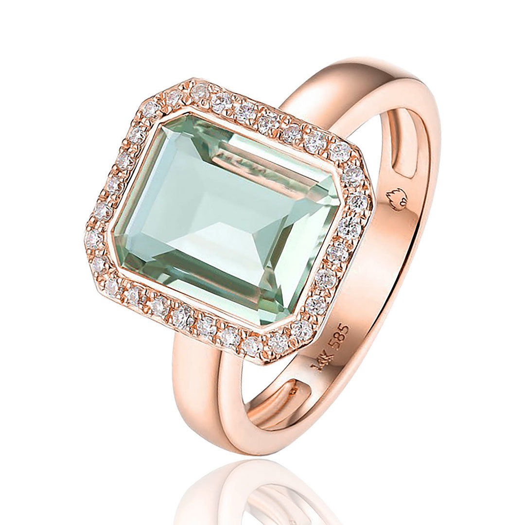 14K Rose Gold Green Amethyst & Diamond Ring for Women - Elegant Birthstone Jewelry Gift for Anniversary, Engagement or Special Occasion