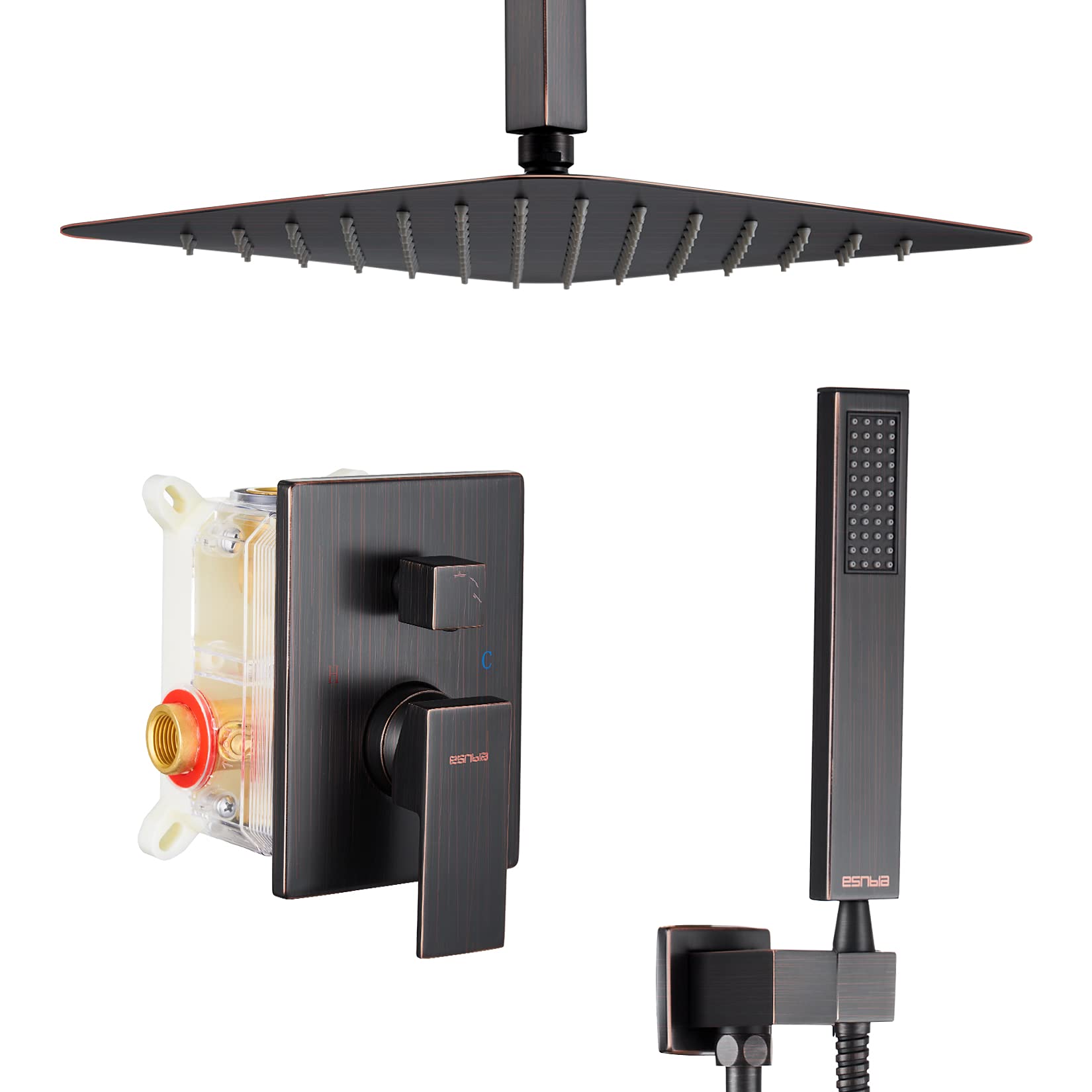 ESNBIA 12 Inch Rain Shower Head and Handheld Combo Set - Oil Rubbed Bronze Ceiling Mounted High Pressure Shower System with Valve for Luxurious Bathroom Experience | Perfect for Master Bath, Spa-Like Showers & Modern Home Renovations