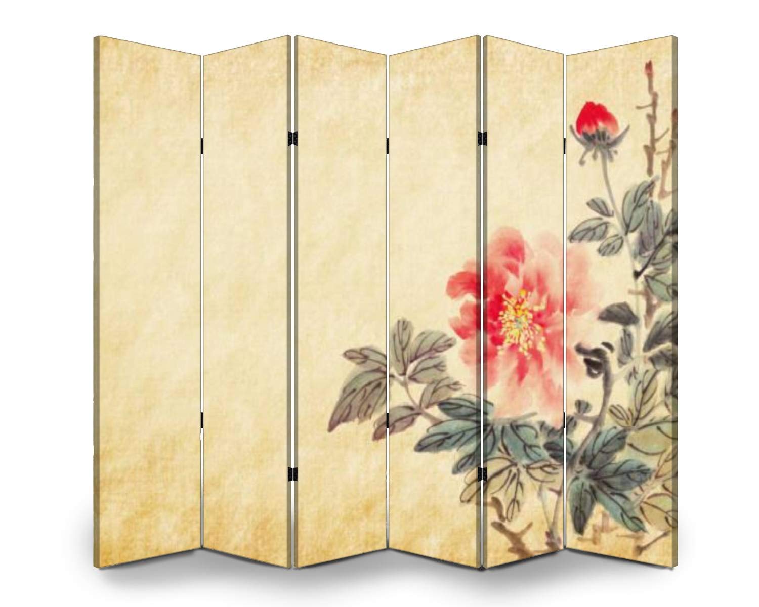 6 Panel Folding Room Divider - Traditional Chinese Peony Ink Painting Design - Freestanding Privacy Screen for Home & Office - Indoor/Outdoor Partition for Bedroom, Living Room, Patio and Event Spaces