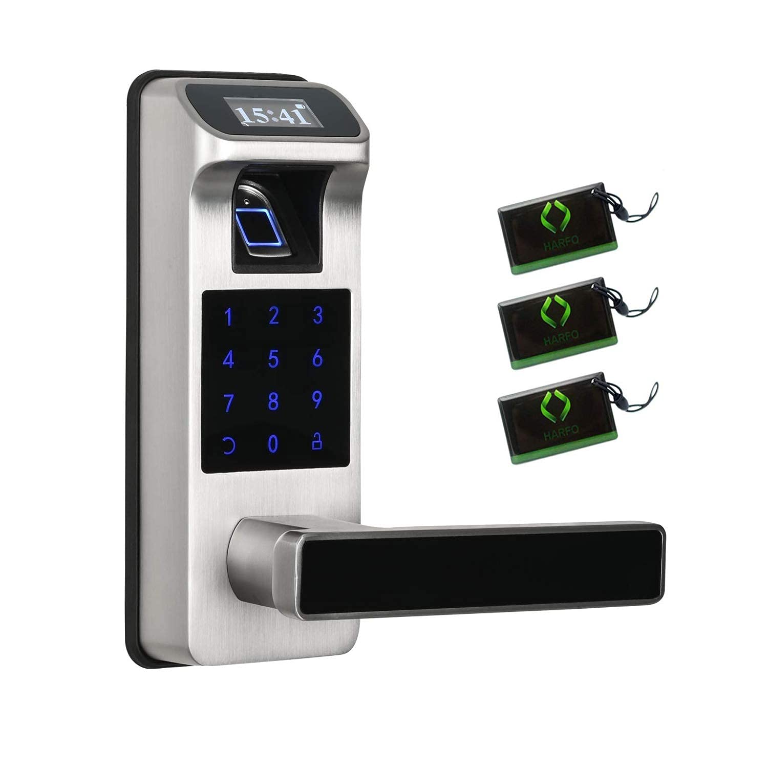 HARFO Smart Fingerprint Door Lock - Keyless Entry with Touchscreen, OLED Display & Keypad - Secure Passcode & Key Access for Home & Office (Satin Nickel) - Ideal for Modern Homes, Apartments & Business Security