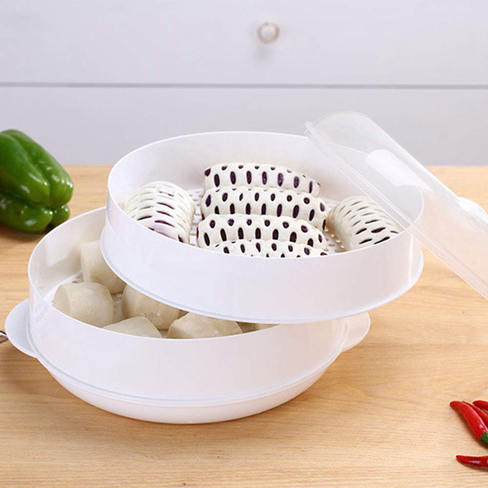 Jinding Microwave Steamer - 2-Layer Plastic Round Steaming Dish with Lid for Home Kitchen | Perfect for Reheating Leftovers & Cooking Vegetables Quickly