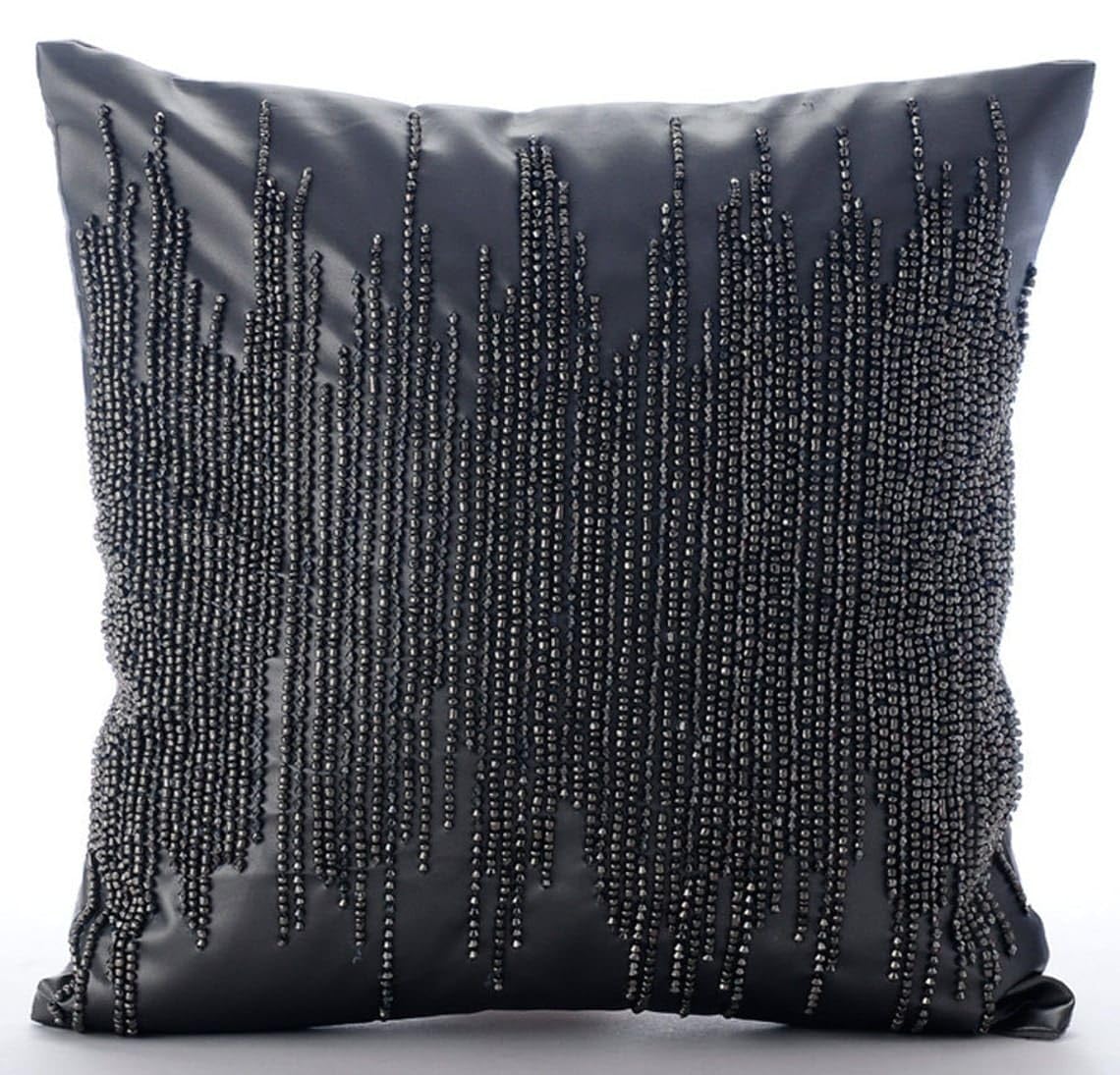 HomeCentric 24x24 Inch Metallic Beaded Grey Faux Leather Pillow Cover with Zipper - Elegant Club Lounge Decor for Sofa, Bed & Home Accent
