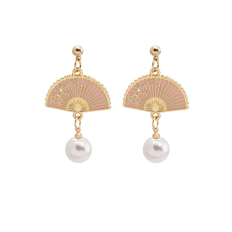 YUNXI Pearl Fan Drop Earrings - Small Retro Dangle Earrings for Women, Cute Ethnic Stud Earrings for Daily Wear, Party & Wedding Accessories