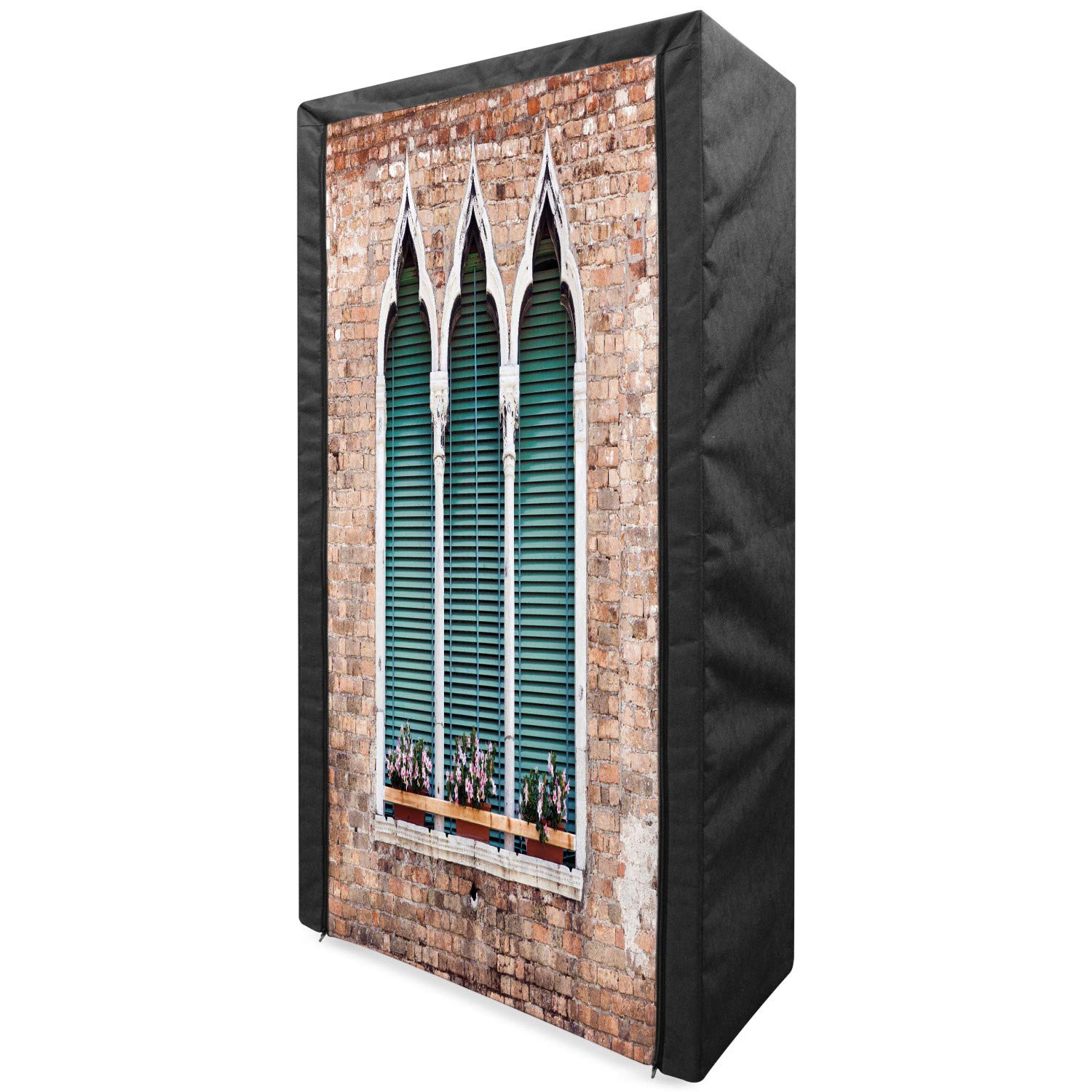 Ambesonne Venice Portable Fabric Wardrobe - Gothic Style Windows with Flower Pots Design - 33.5