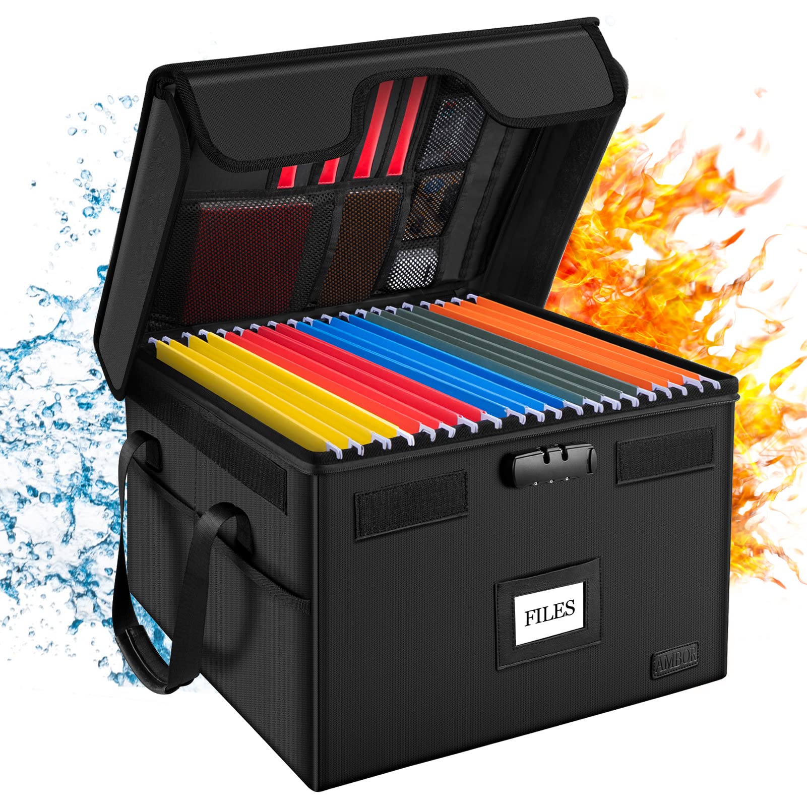 AMBOR Fireproof Locking File Box with 5 Tabs - Collapsible Document Organizer with Handle for Home & Office - Secure Storage for Legal Folders, Certificates, Books (Black) - Perfect for Tax Records, Important Documents & Office Organization