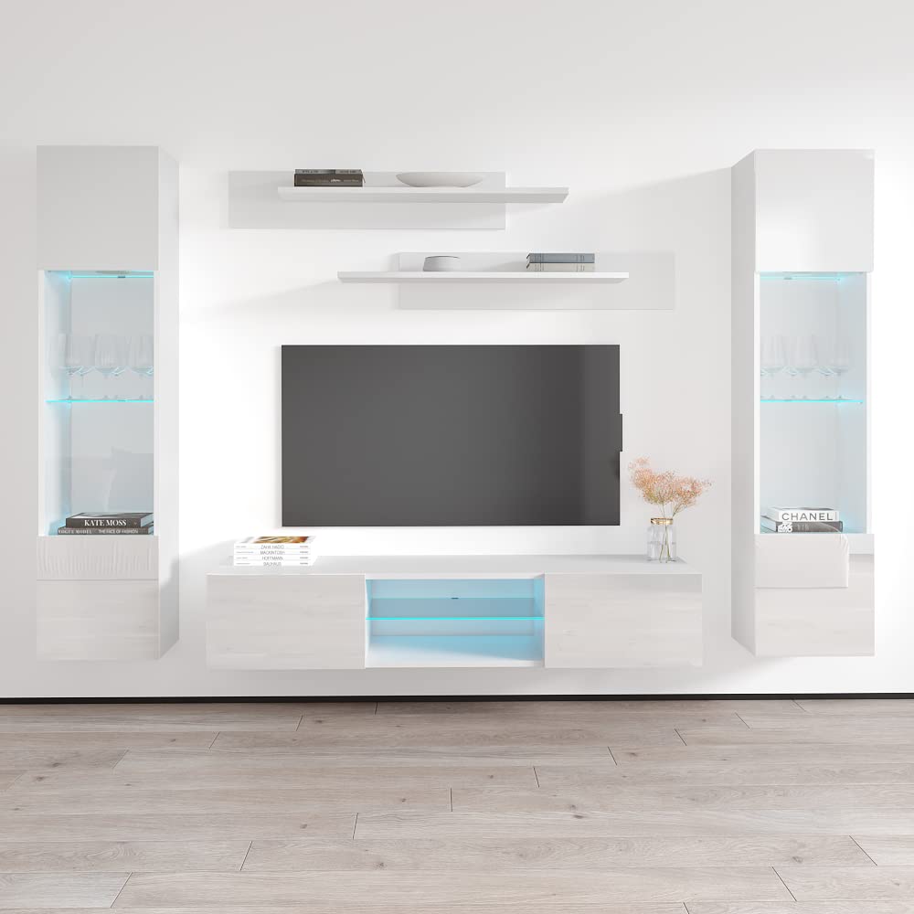 Modern Floating TV Stand with Storage Shelves & LED Lights - Wall-Mounted Entertainment Center Console for Bedroom & Living Room - Space-Saving TV Cabinet for Small Apartments & Home Theaters - White