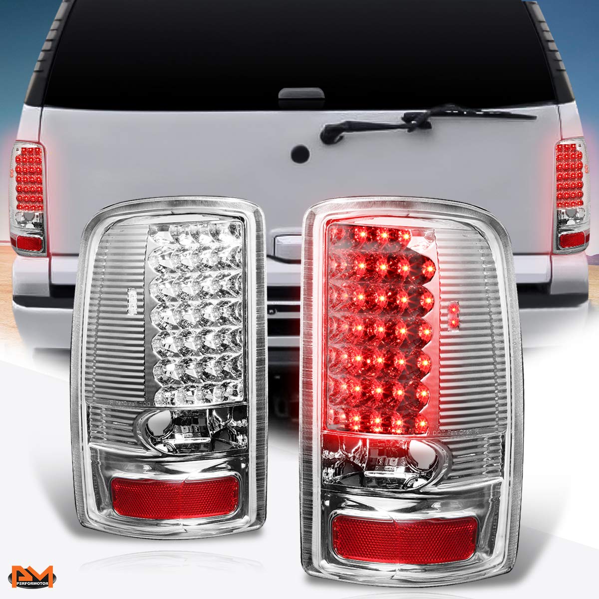 PM PERFORMOTOR Full LED Tail Lights Brake Lamps Assembly - Compatible with 2000-2006 Chevy Tahoe & GMC Yukon | Chrome Housing & Clear Lens | Enhanced Safety & Style for Night Driving & Off-Road Adventures