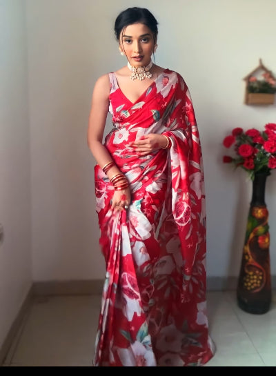 1 Minute Red Soft Georgette Printed Floral Stitched Ready-Made Saree - Perfect for Weddings, Parties & Festive Occasions